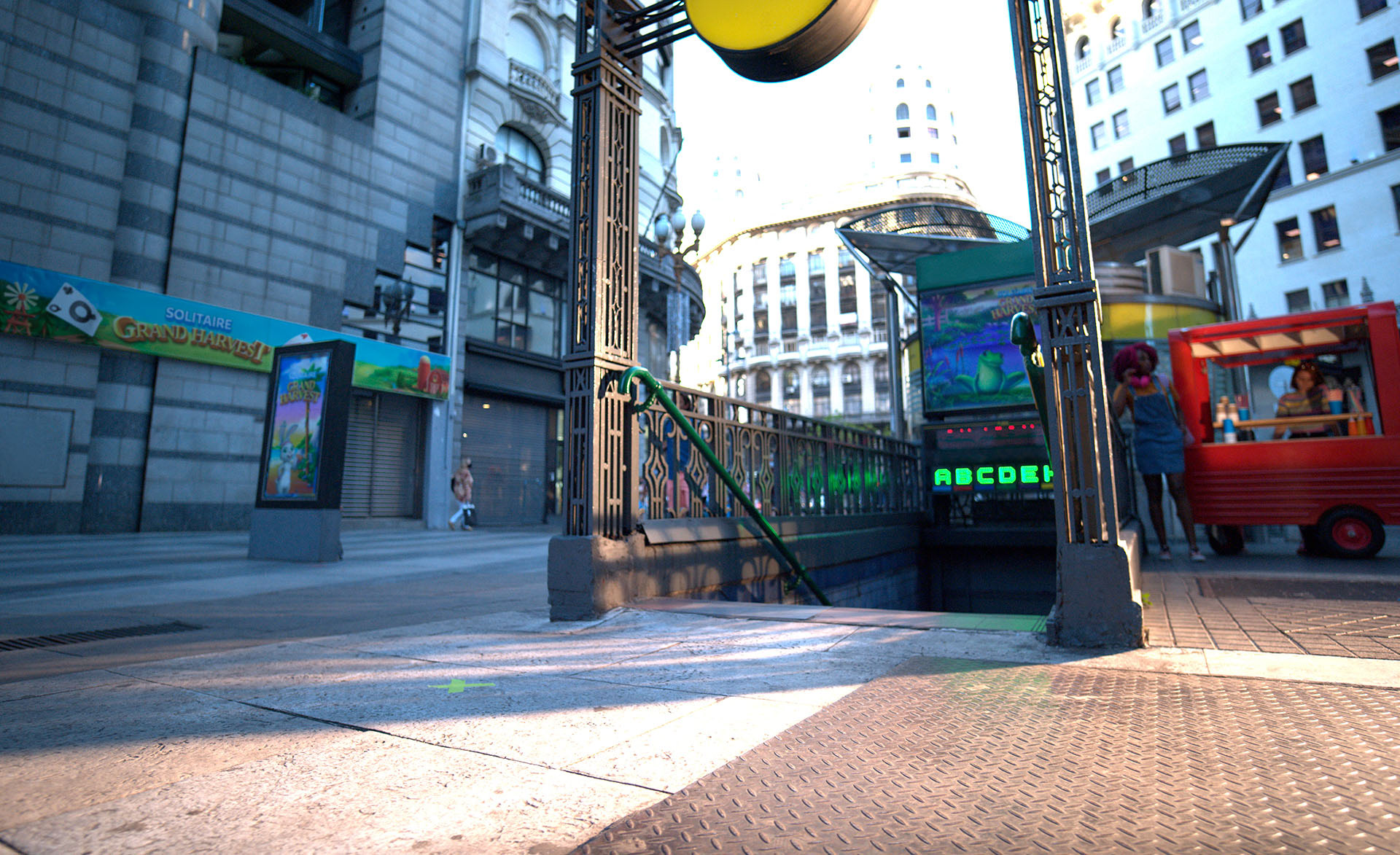 Matte painting to remove logos, add posters and banners.