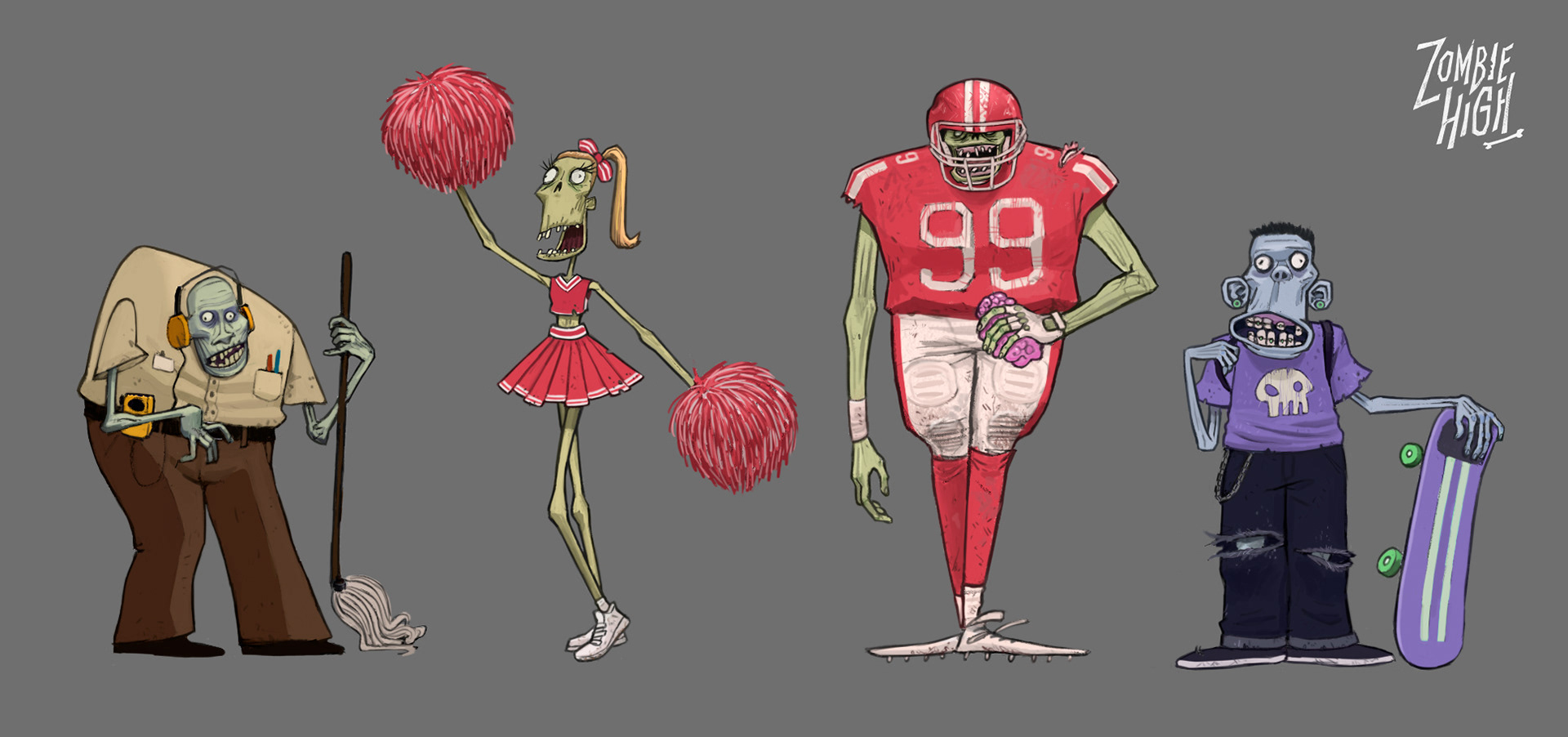 Line up of characters from 'Zombie High', original concepts (2022).