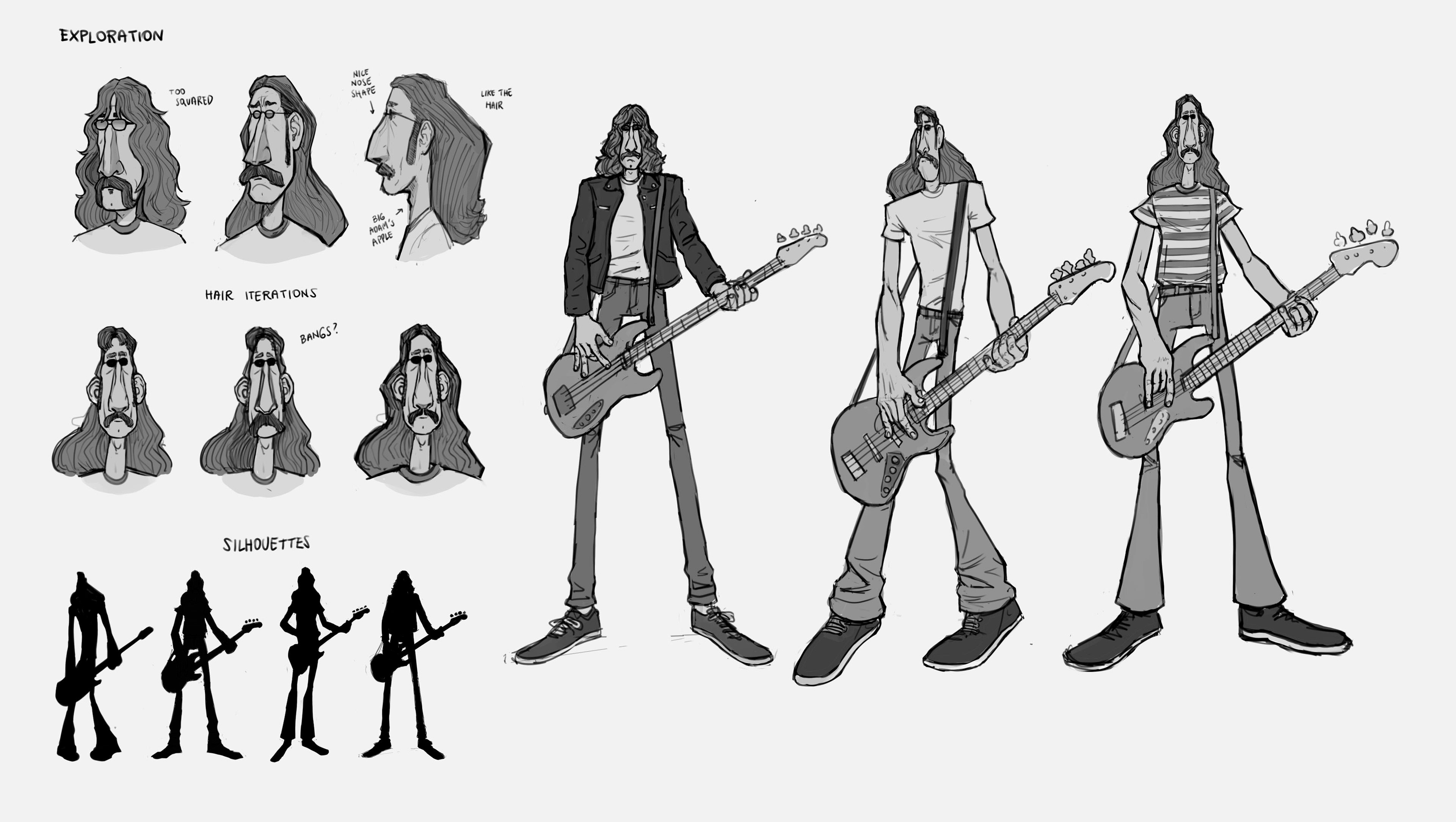 Character design exploration, head variants and silhouettes of the 70's bass player. (2023)
