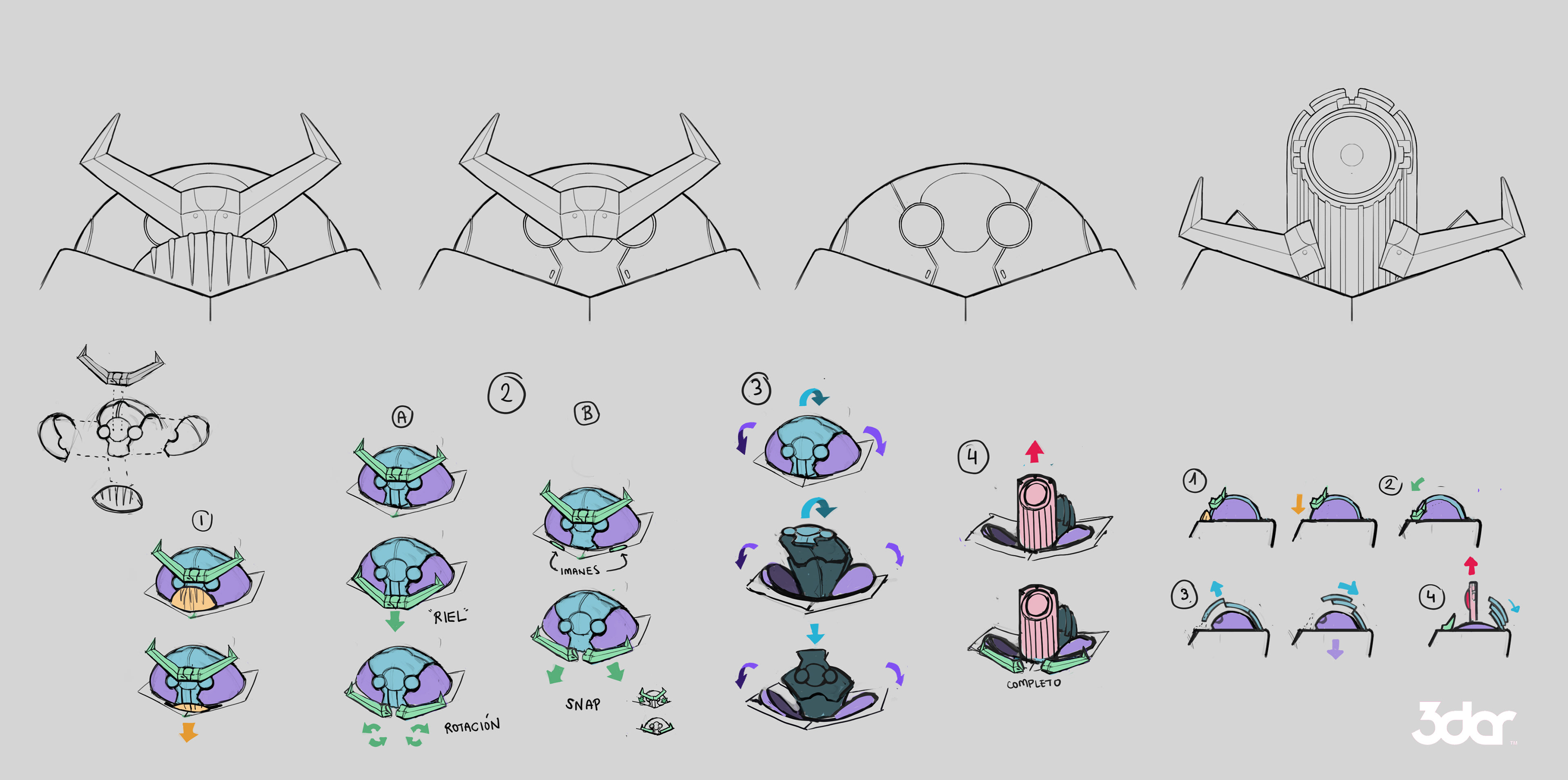 Some concept ideas trying to figure out how the head would split open. The mechanism was simplified quite a bit for the animation.
