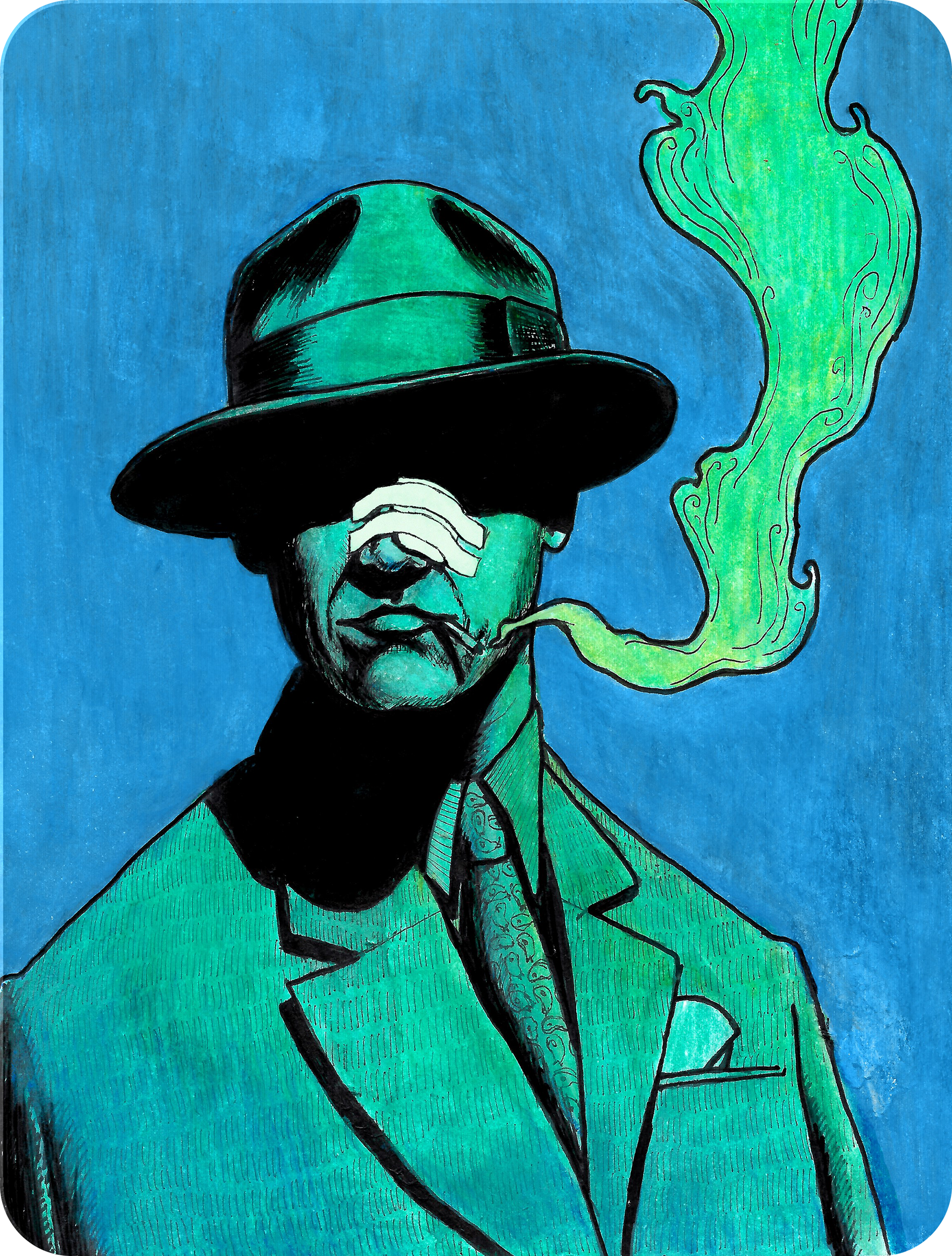Inspired by the movie Chinatown (1974). Watercolor pencils on paper.