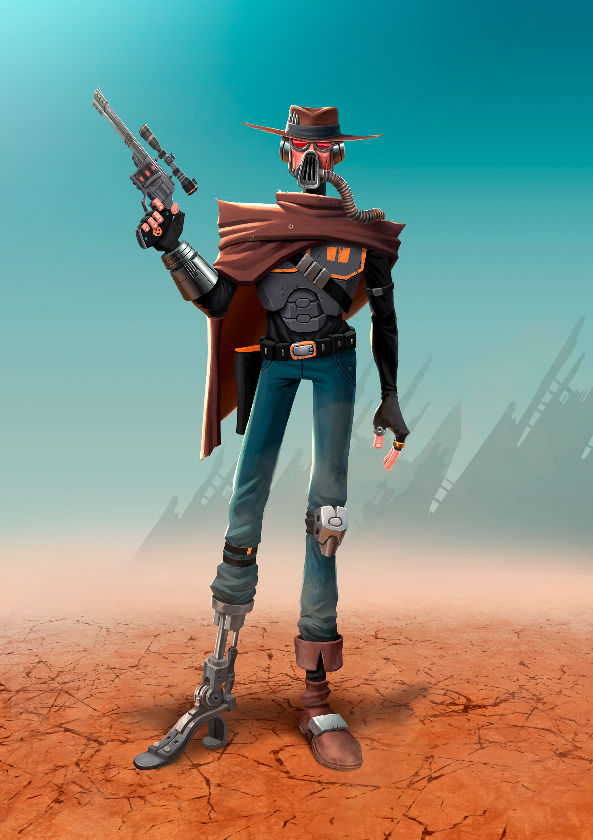 Post-apocalyptic Bounty Hunter Cowboy, original character design (2022).