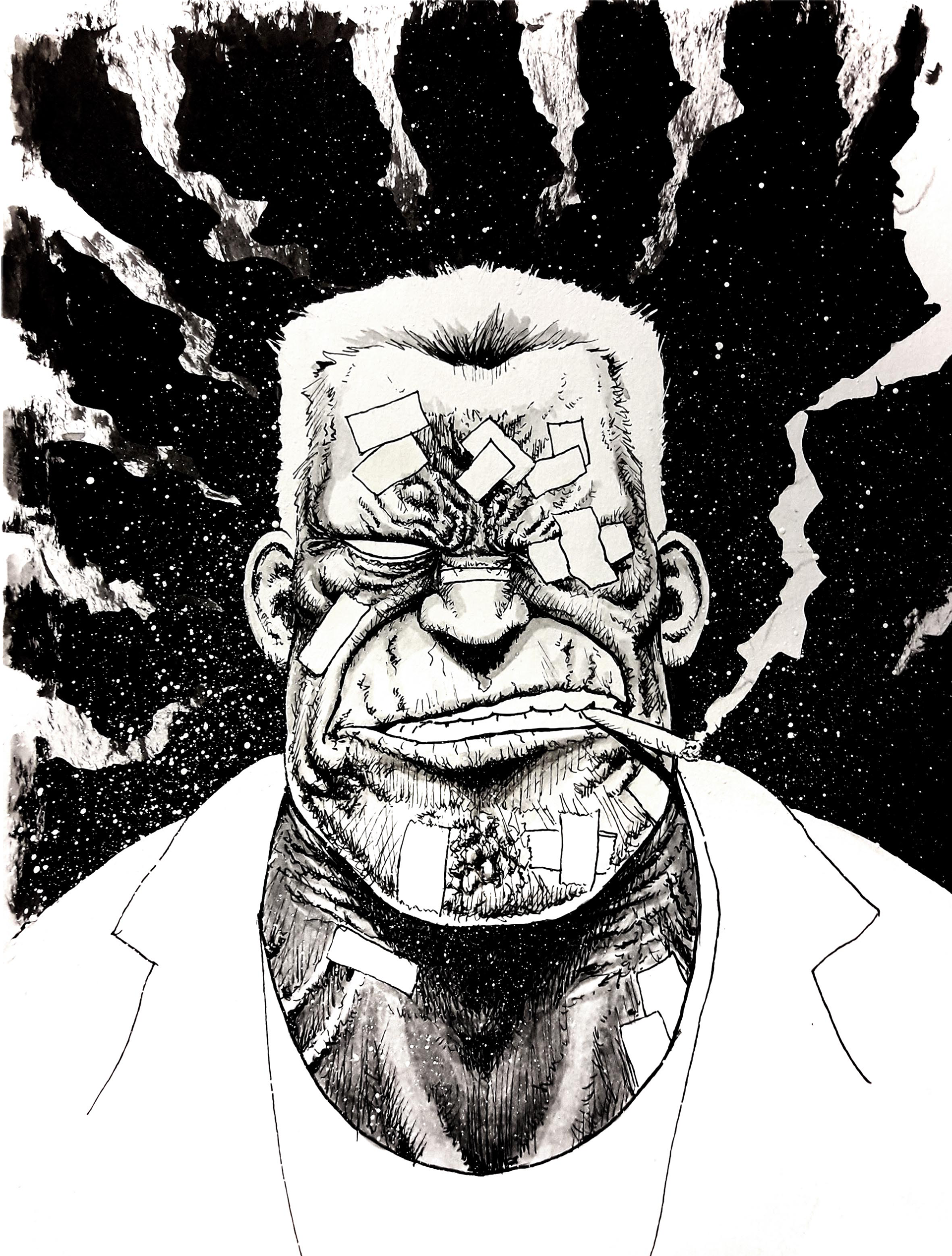 Marv, inspired by Frank Miller's Sin City. Ink washes, fineliner, and acrylic paint on paper