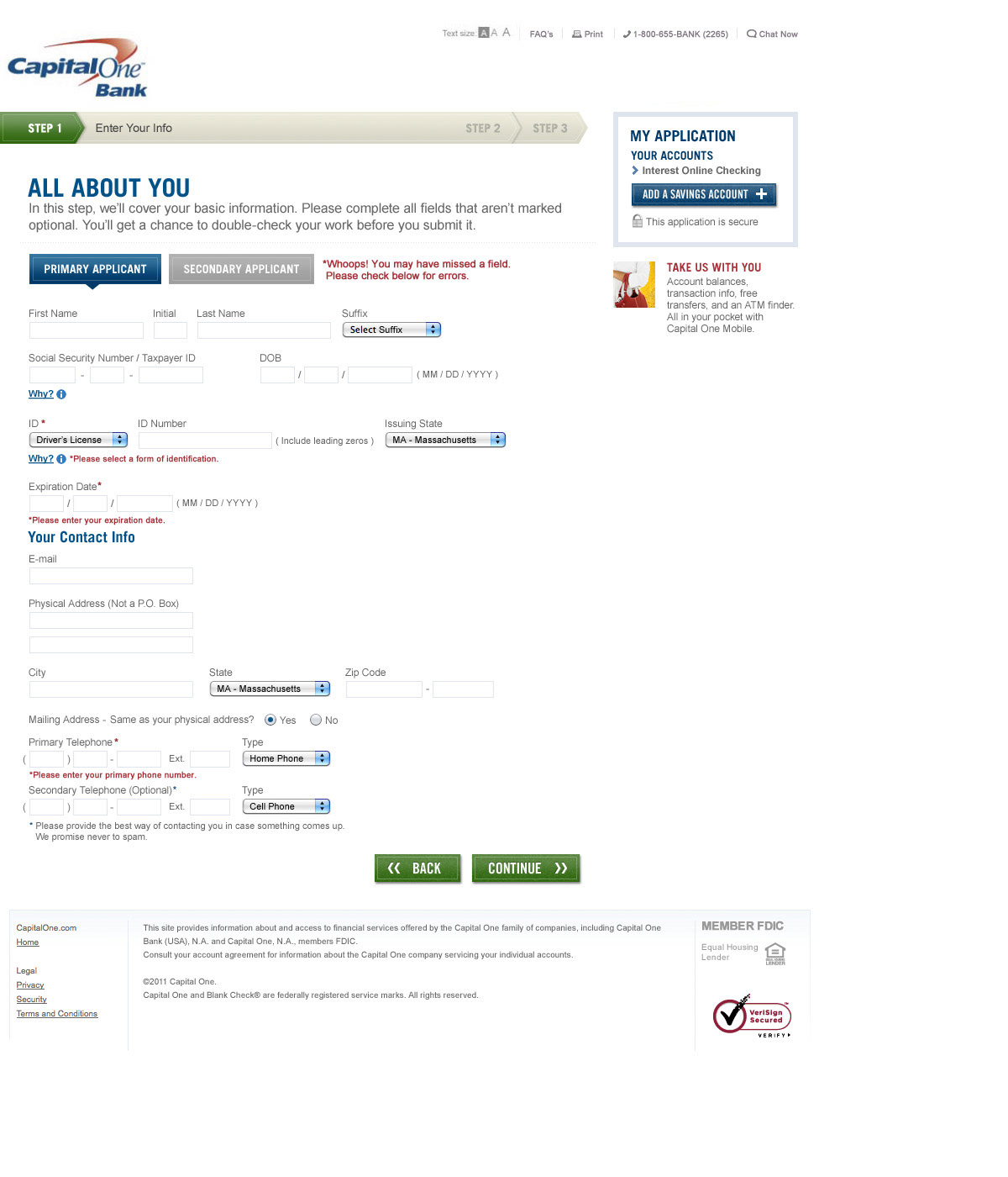 Online Checking Account - Step 1 - Initial landing