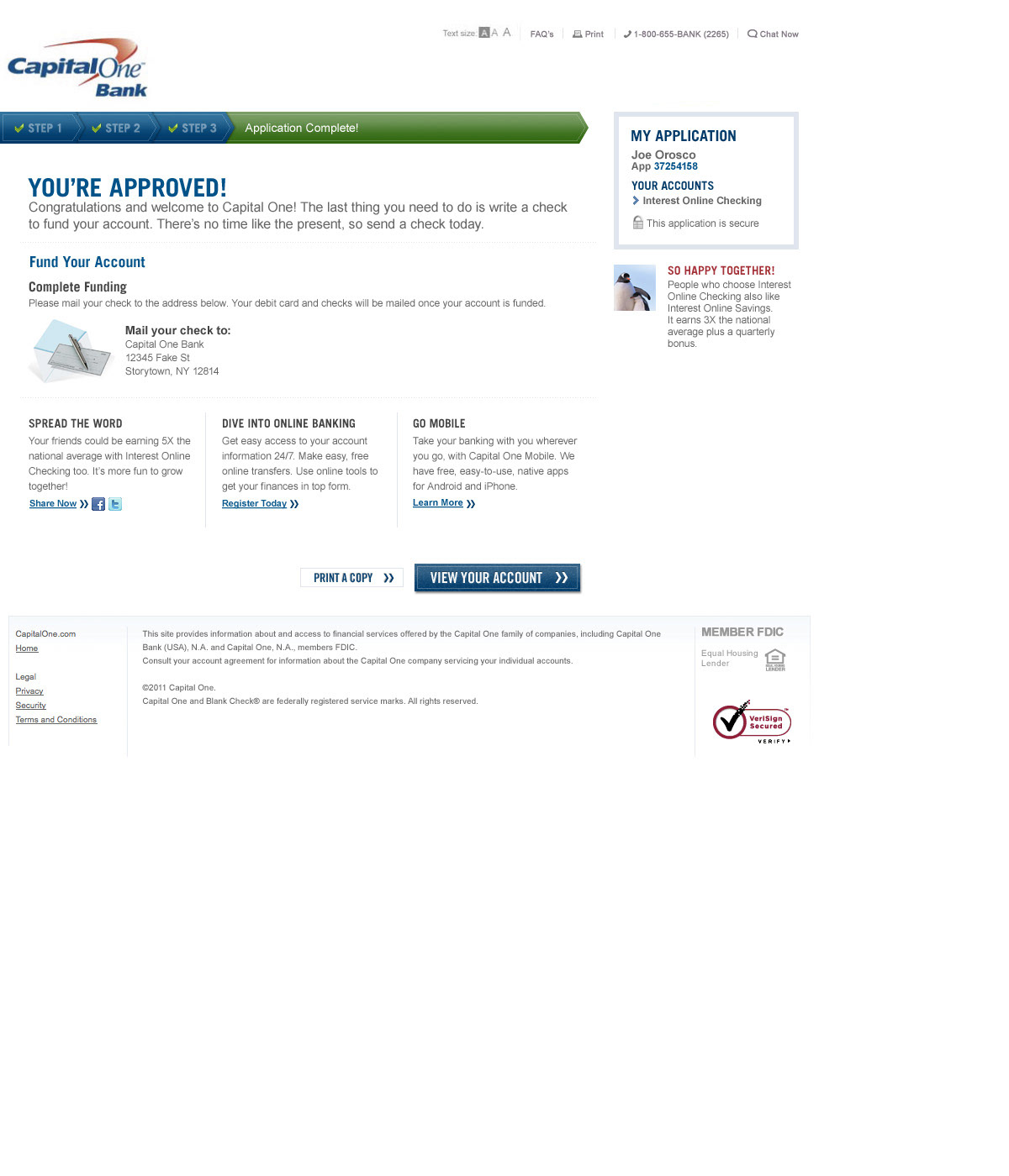 Online Checking Account - Application Complete
