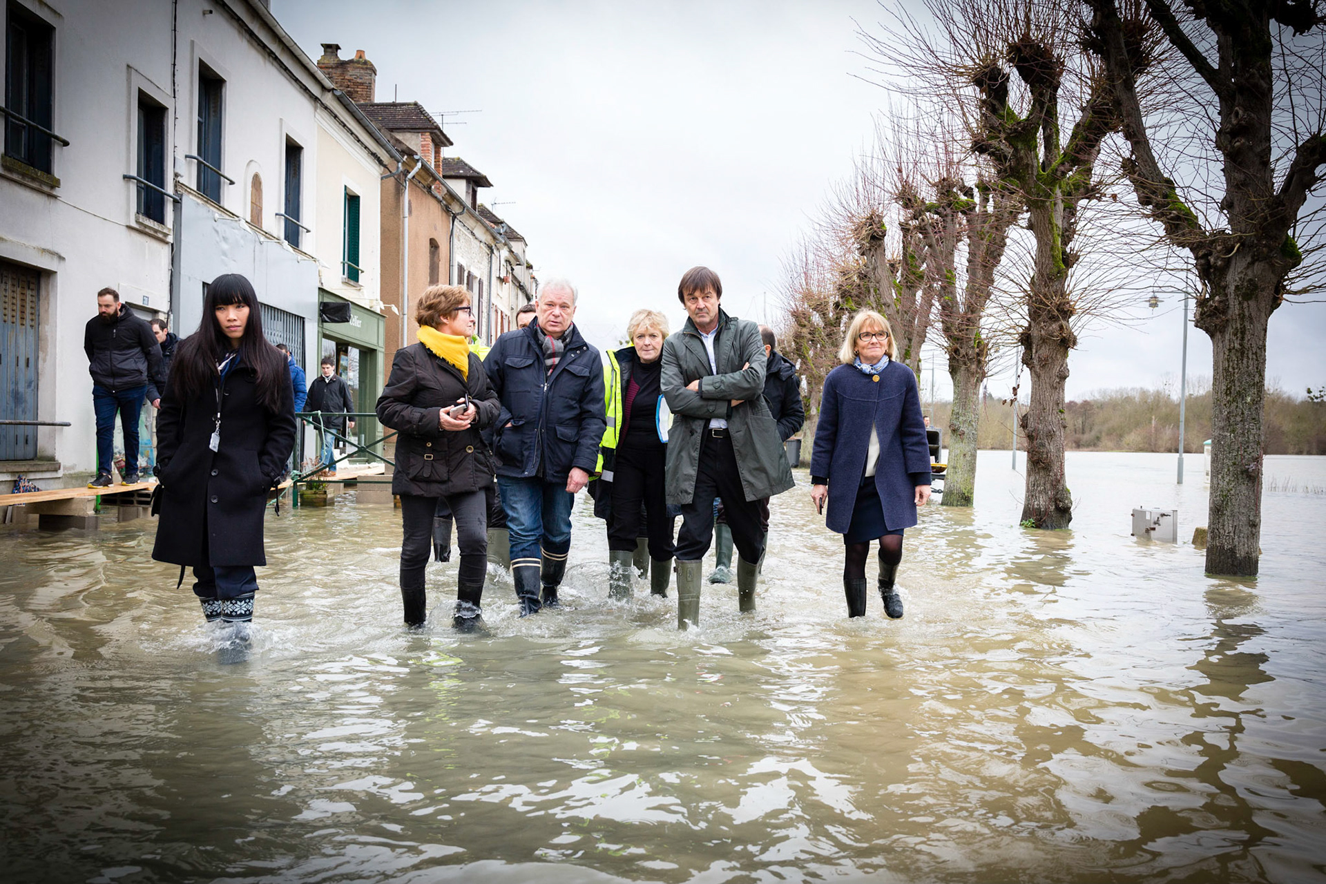 Nicolas Hulot (ministre de l'écologie), à Saint Mammès, pendant les crues de la Seine et du Loing. Saint-Mammès, FRANCE - 29/01/2018