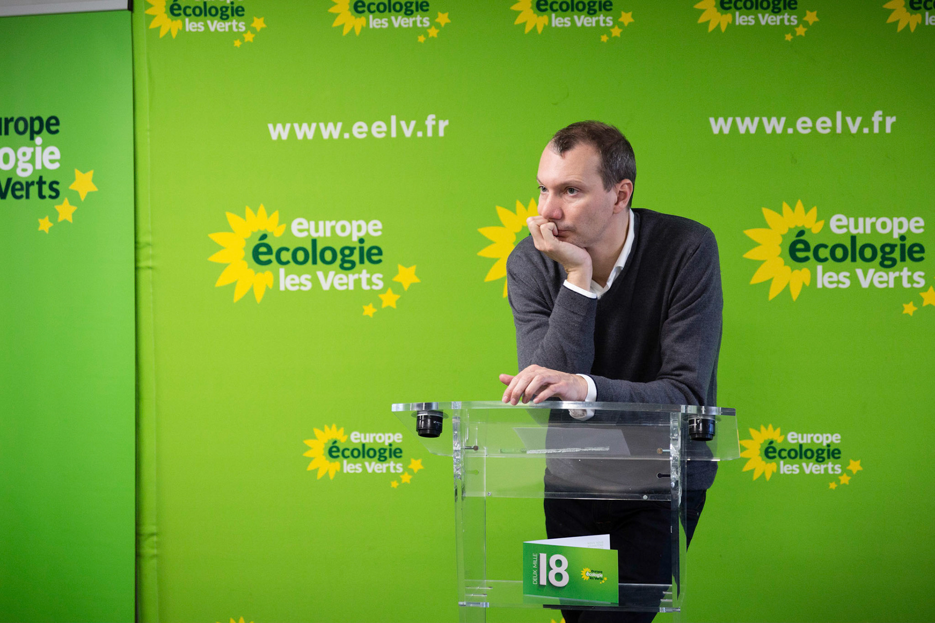David Cormand (secrétaire national d'Europe écologie les verts) lors des vœux d'EELV, à Montreuil.France, Montreuil, 17/01/2018