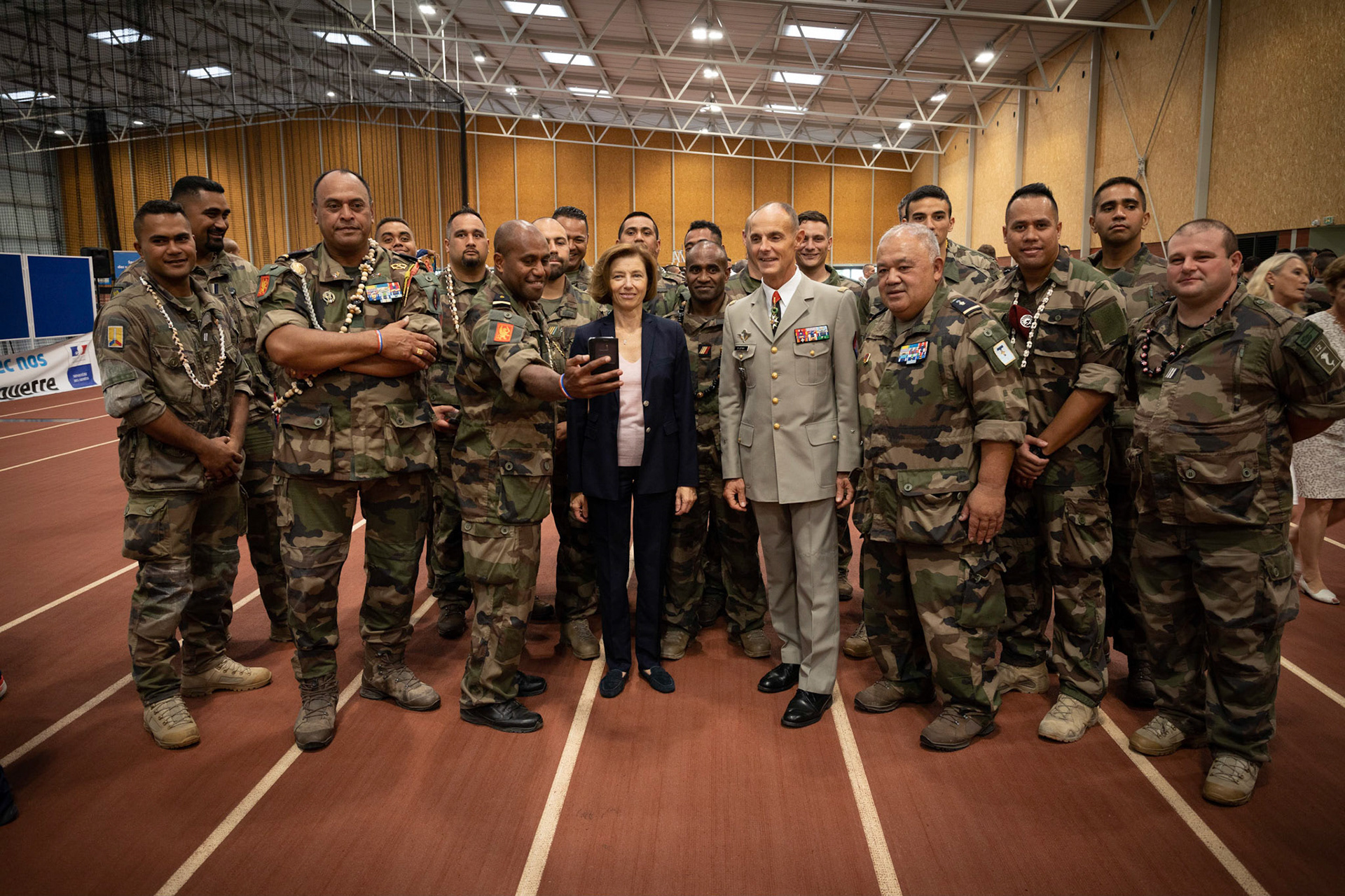Le XV du Pacifique (équipe militaire de rugby) lors de la visite de Florence Parly (ministre des armées) au CNSD (Centre national des sports de la défense), à Fontainebleau. Fontainebleau, FRANCE - 12/09/2019