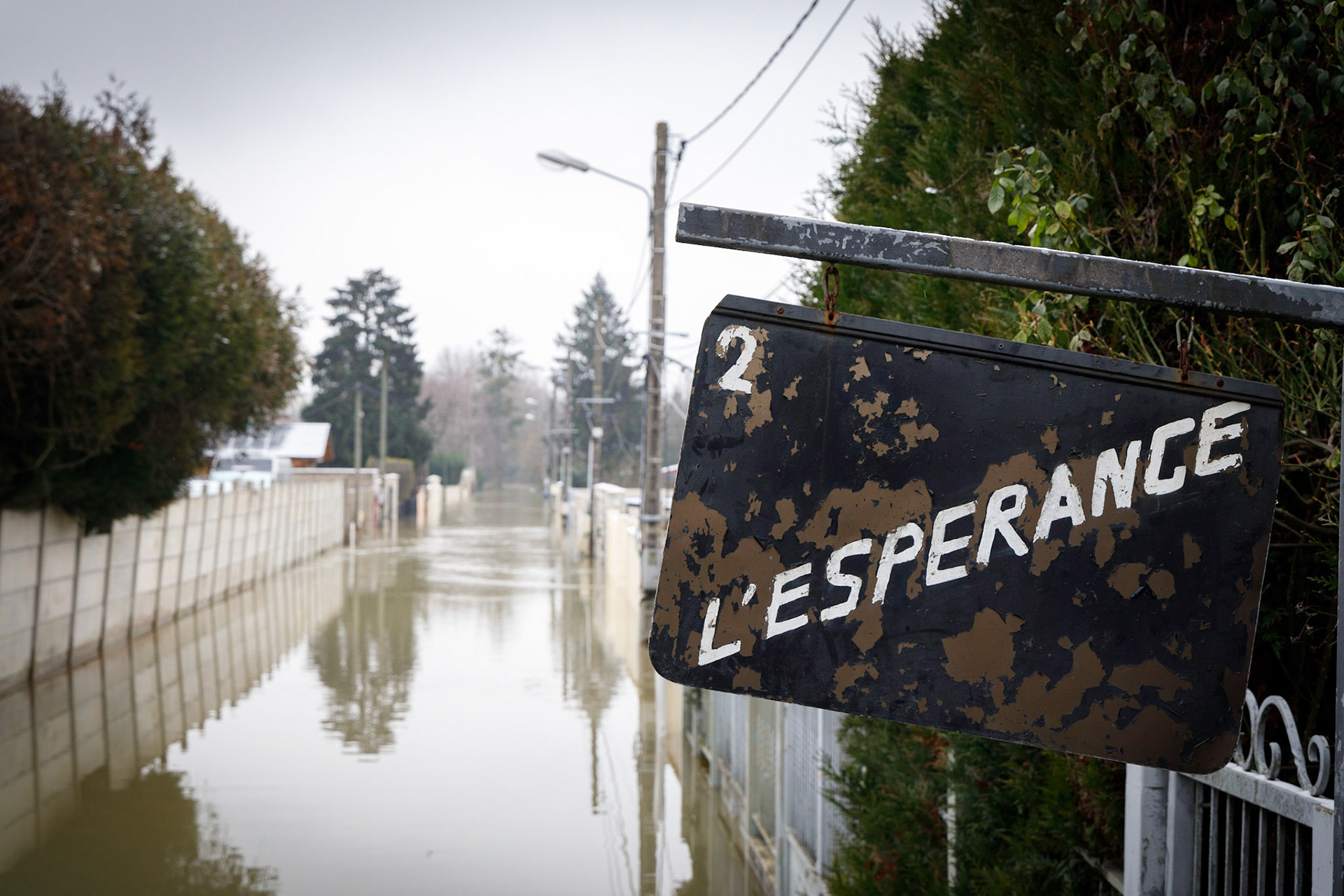 Des inondations à Esbly à la suite de crues des rivières Marne et Grand Morin, le 8 février 2021.Esbly, FRANCE - 08/02/2021