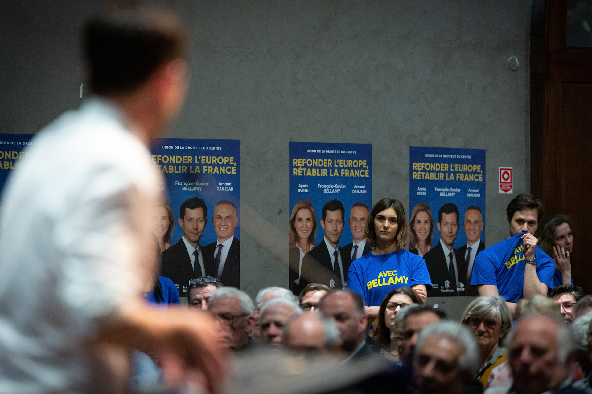 Réunion publique de François-Xavier Bellamy (Les Républicains), à Provins pendant la campagne des élections européennes 2019. Provins, FRANCE - 19/05/2019