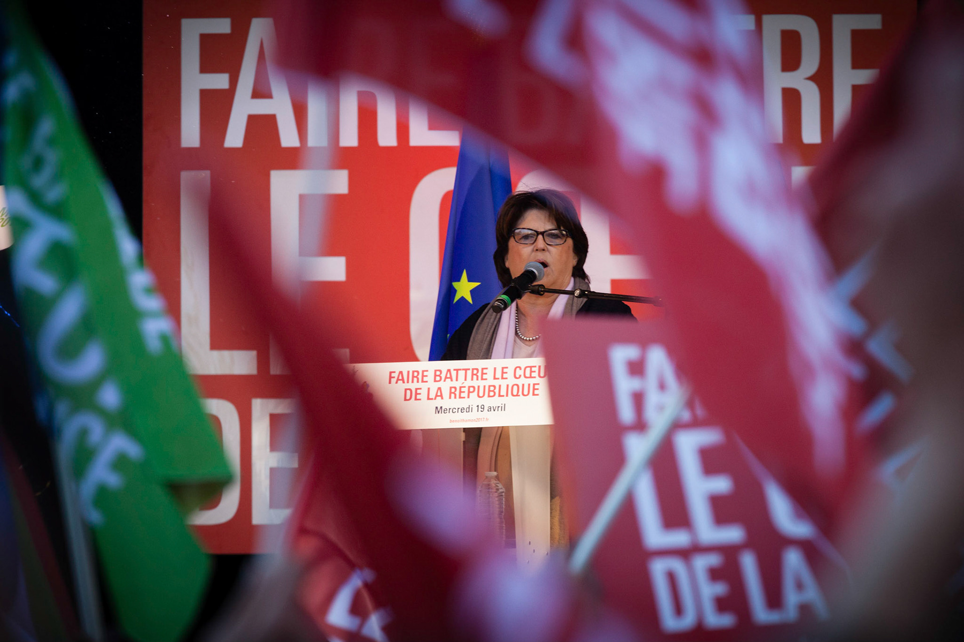 Martine Aubry, pendant un meeting de Benoît Hamon, place de la République à Paris, lors de la campagne présidentielle 2017.France, Paris, 19/04/2017