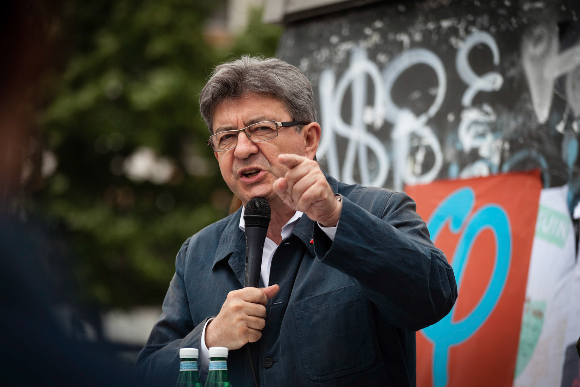 Jean-Luc Mélenchon pendant un meeting de la France insoumise, place des fêtes, à Paris. Paris, FRANCE - 30/05/2017