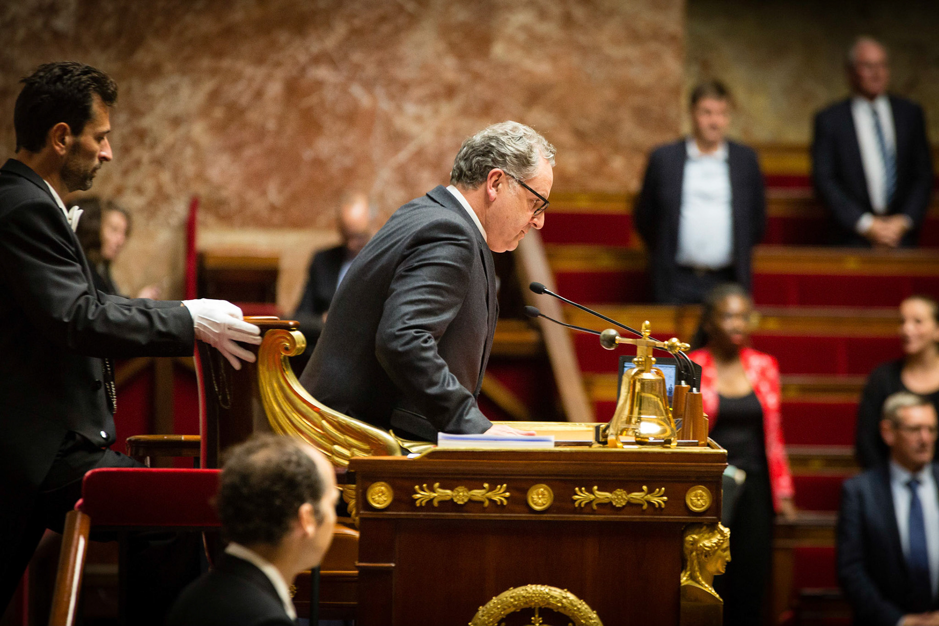 Richard Ferrand s’assoit au perchoir de l'Assemblée Nationale. Paris, FRANCE - 09/10/2018