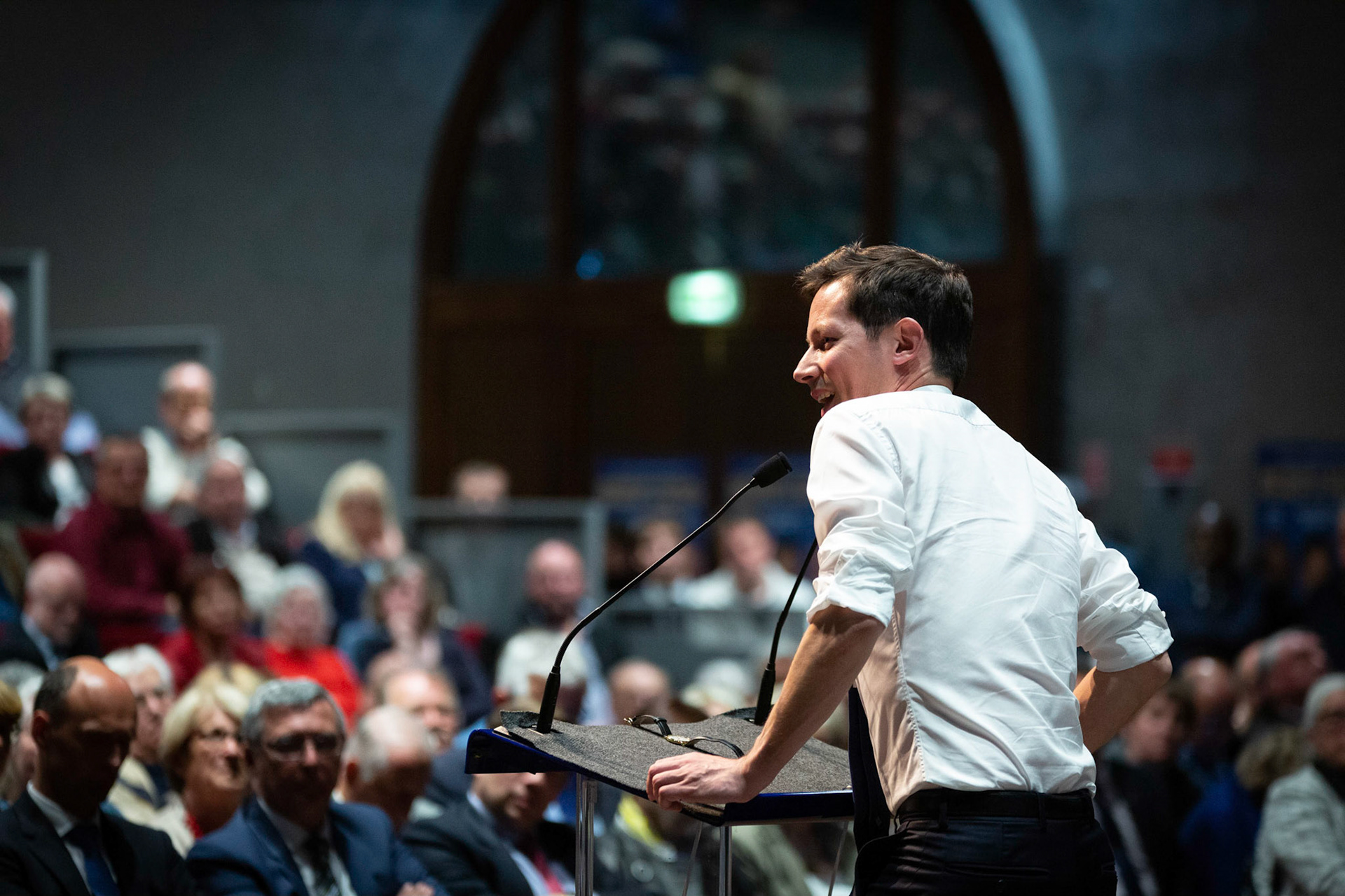 Réunion publique de François-Xavier Bellamy (Les Républicains), à Provins pendant la campagne des élections européennes 2019.France, Provins, 19/05/2019