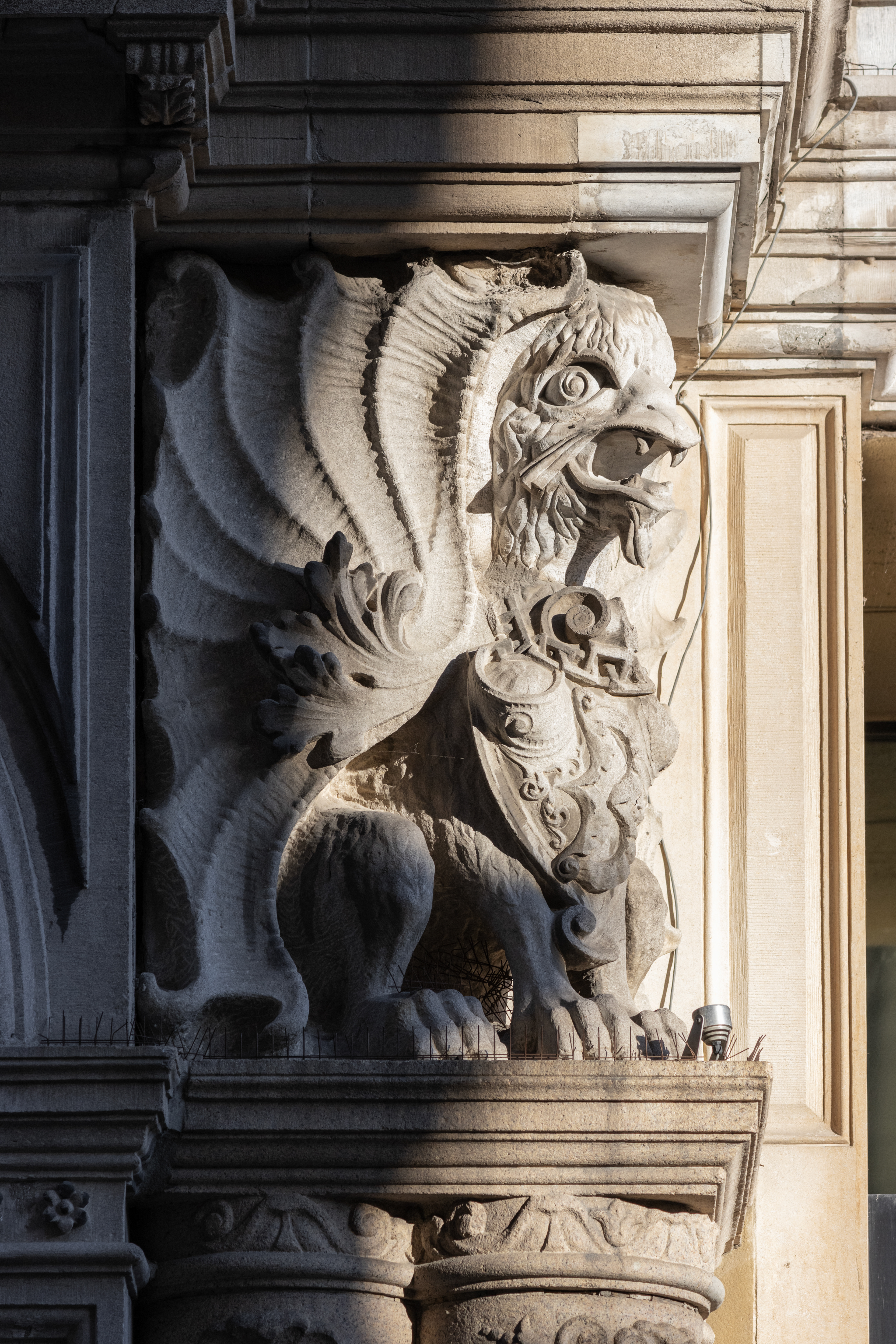 A large stone sculpture of a gryphon, in a mixture of light and shadow.