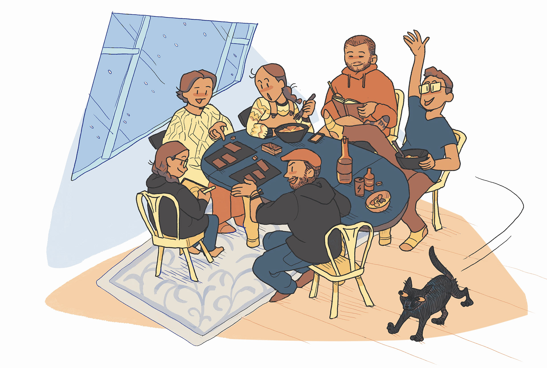 A digital illustration of a group of people interacting around a table. Some are playing a card game, some are drawing, some are eating pasta. A cat scurries around the table. People are interacting and emoting. Simple cartoon style, expressive style, comic style for all ages. Clearly demonstrating and illustrating actions and emotions. Saarbrücken, Germany. Illustratorin.