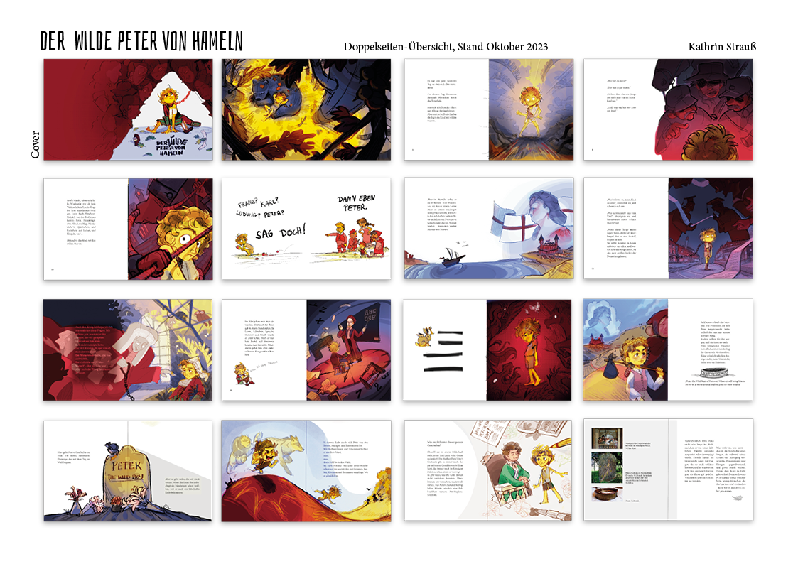 Colored Storyboards for the illustrated picturebook Peter The Wild Boy of Hamelin. Primary colors are used to support the storytelling. For young readers aged 8 and up. Saarbrücken Germany