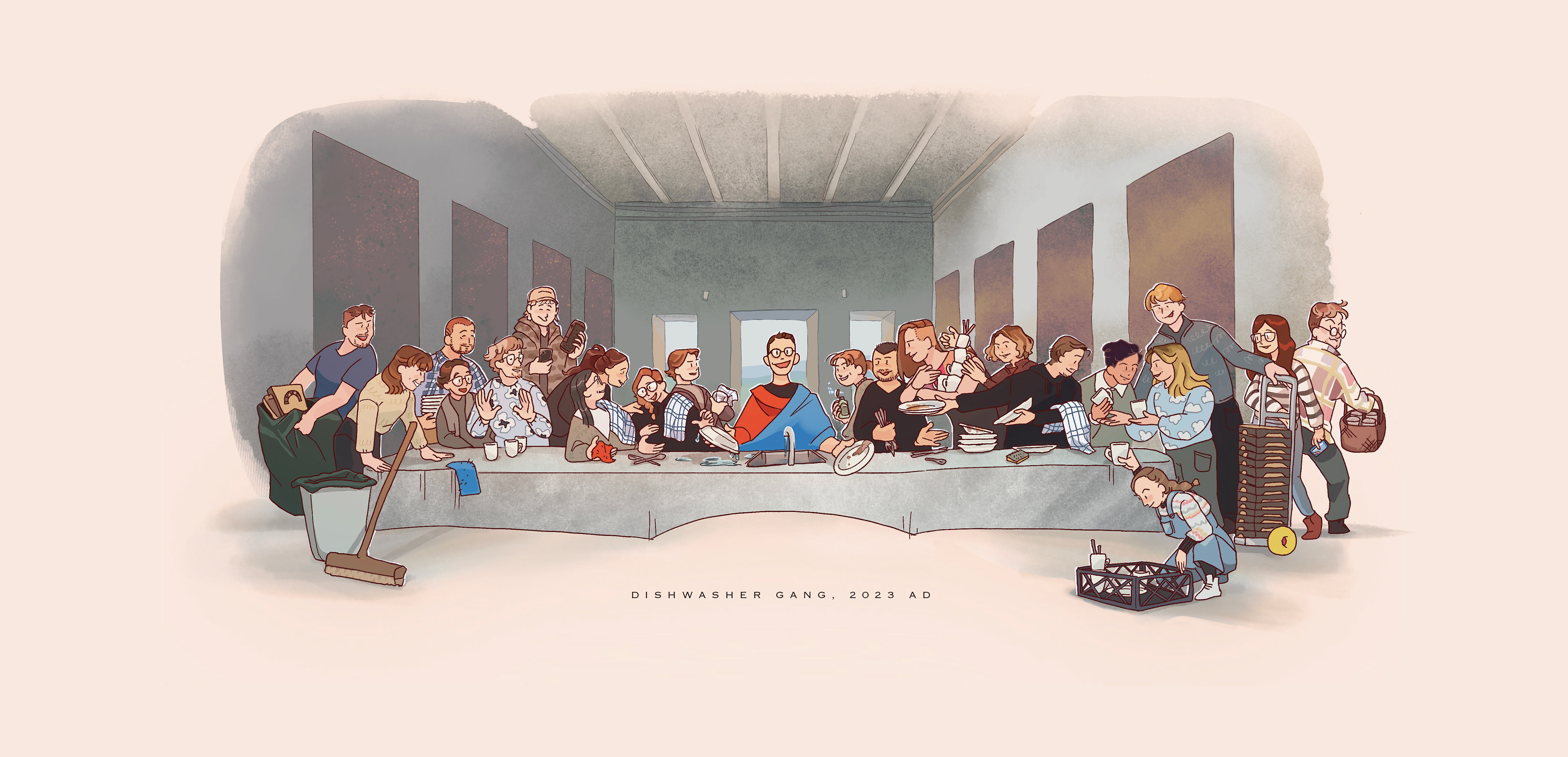 Digital illustration, homage to Michelangelo's painting The Last Supper. A group of people in a kidlit comic style washing dishes, gathered around one tiny sink.