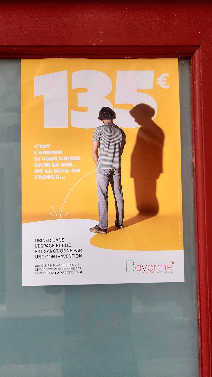 135 euro fine for urinating in the streets. they have open-air pissoirs for that. 