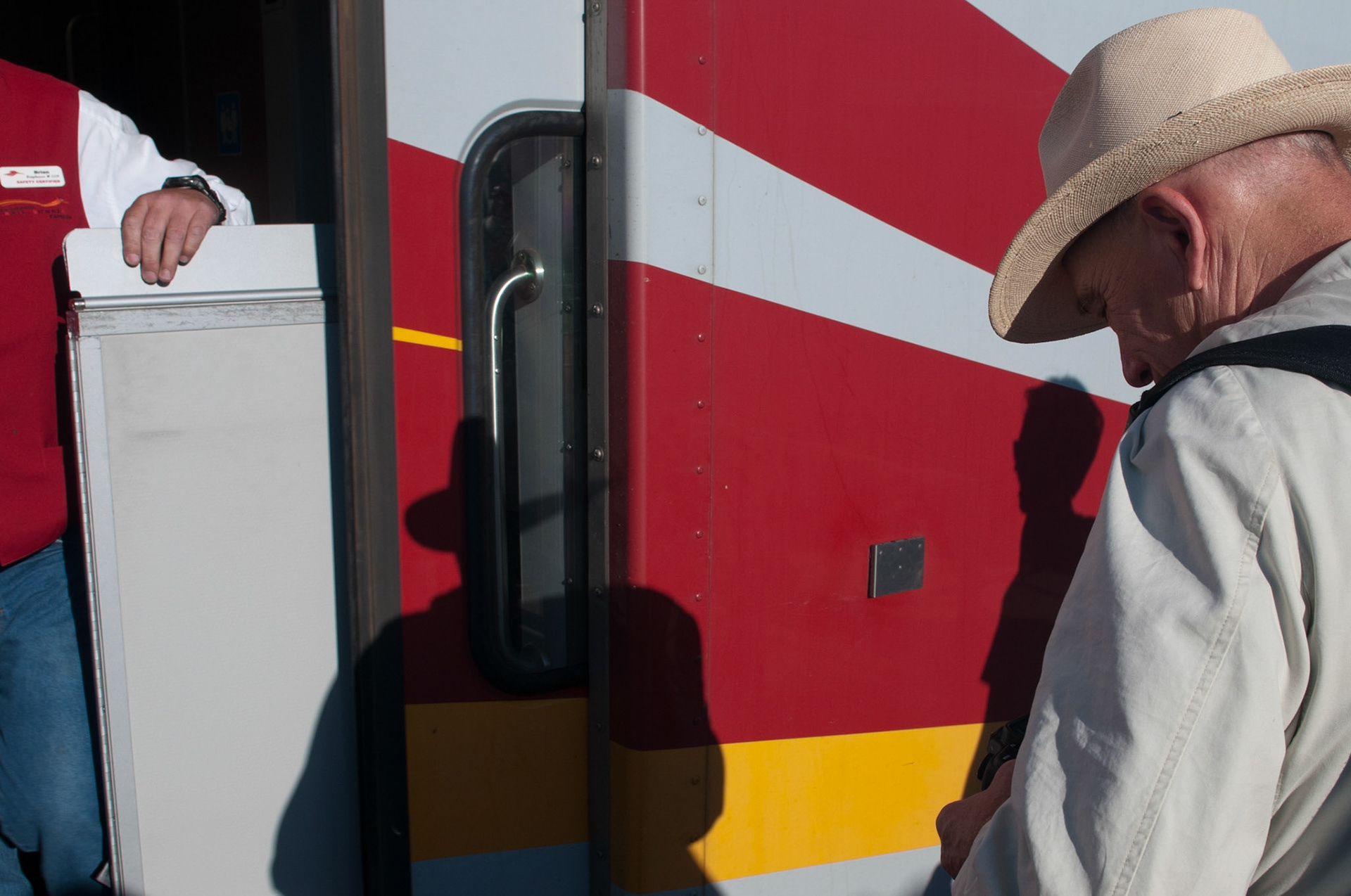 Sam Abell boarding the Rail Runner Train in Santa Fe, NM
