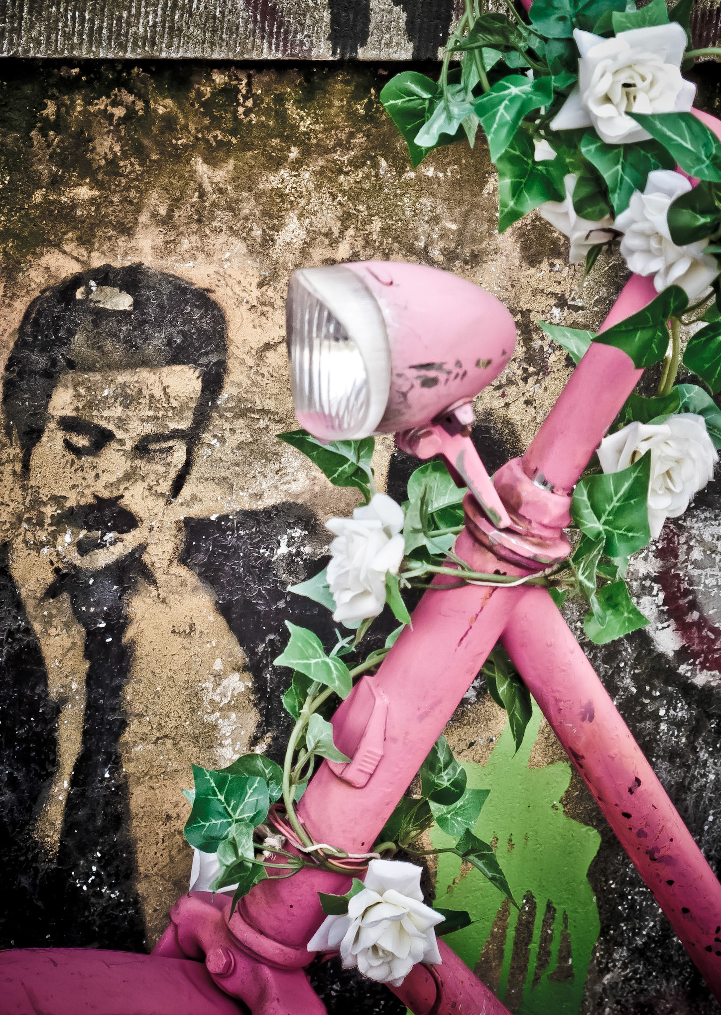 Juxtaposition of Pink Bike and Stenciled Graffiti.