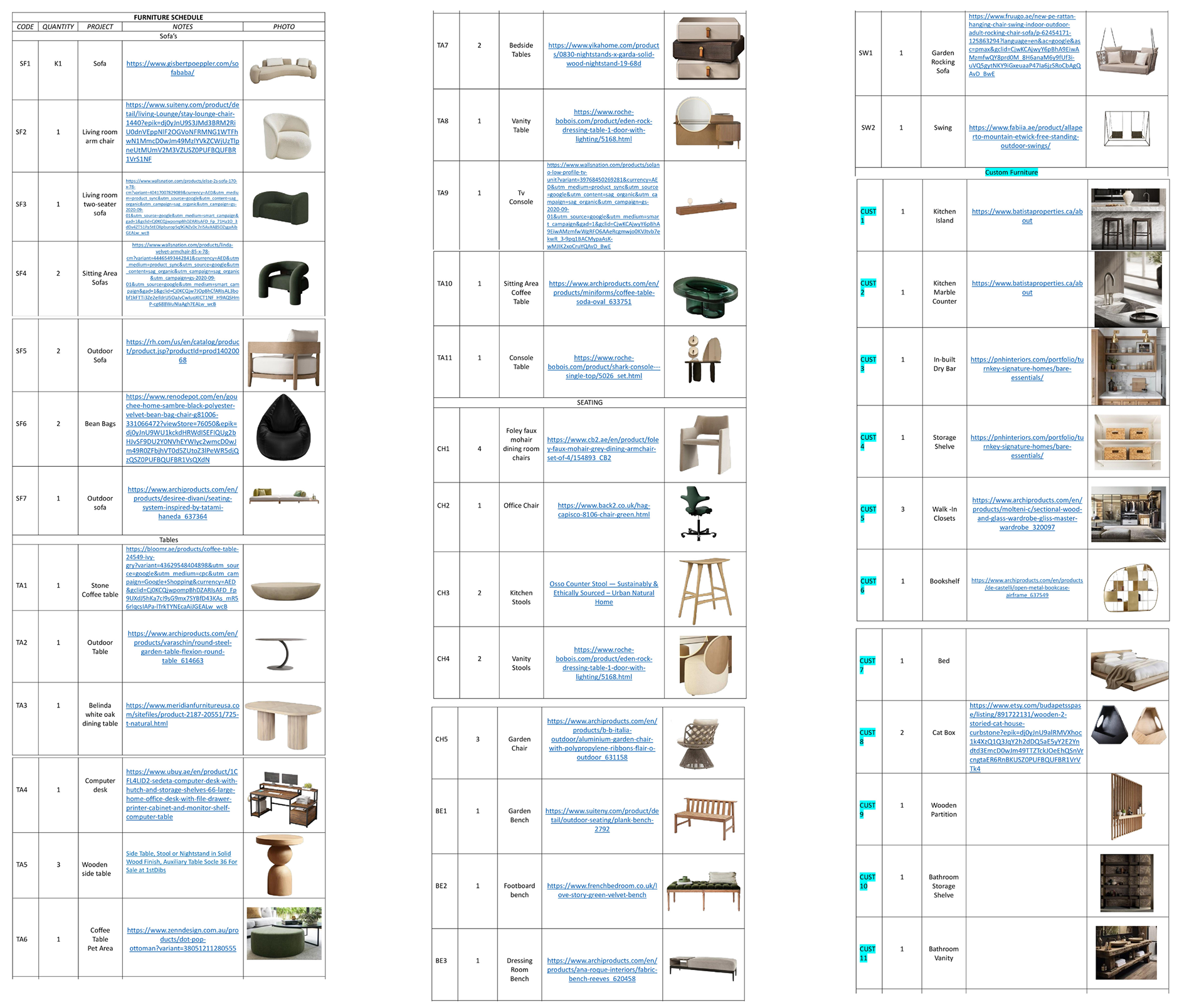 FURNITURE SCHEDULE