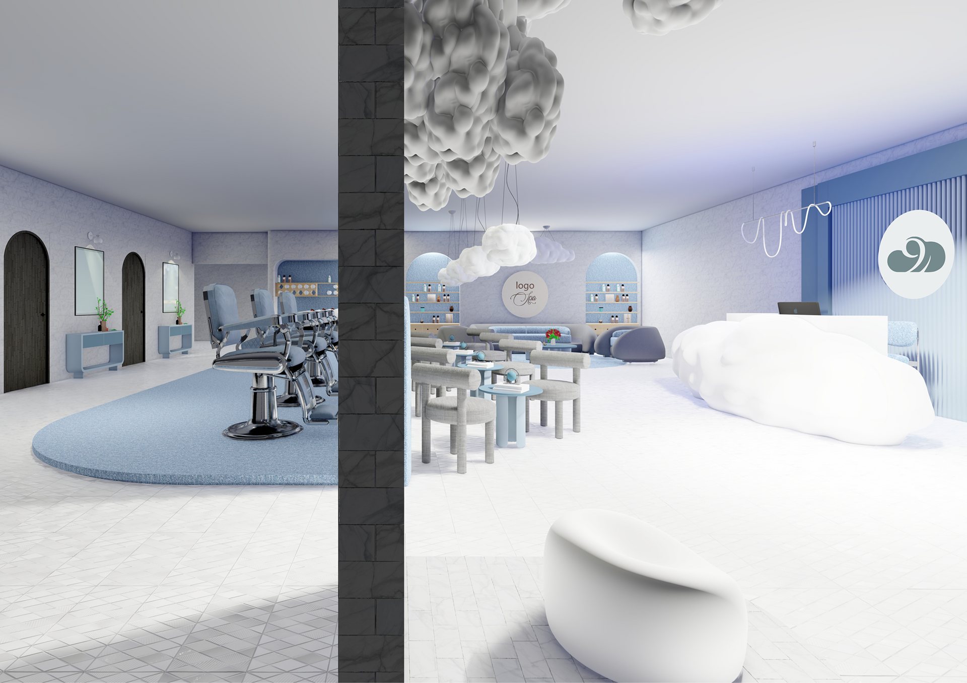 reception , lobby and styling stations