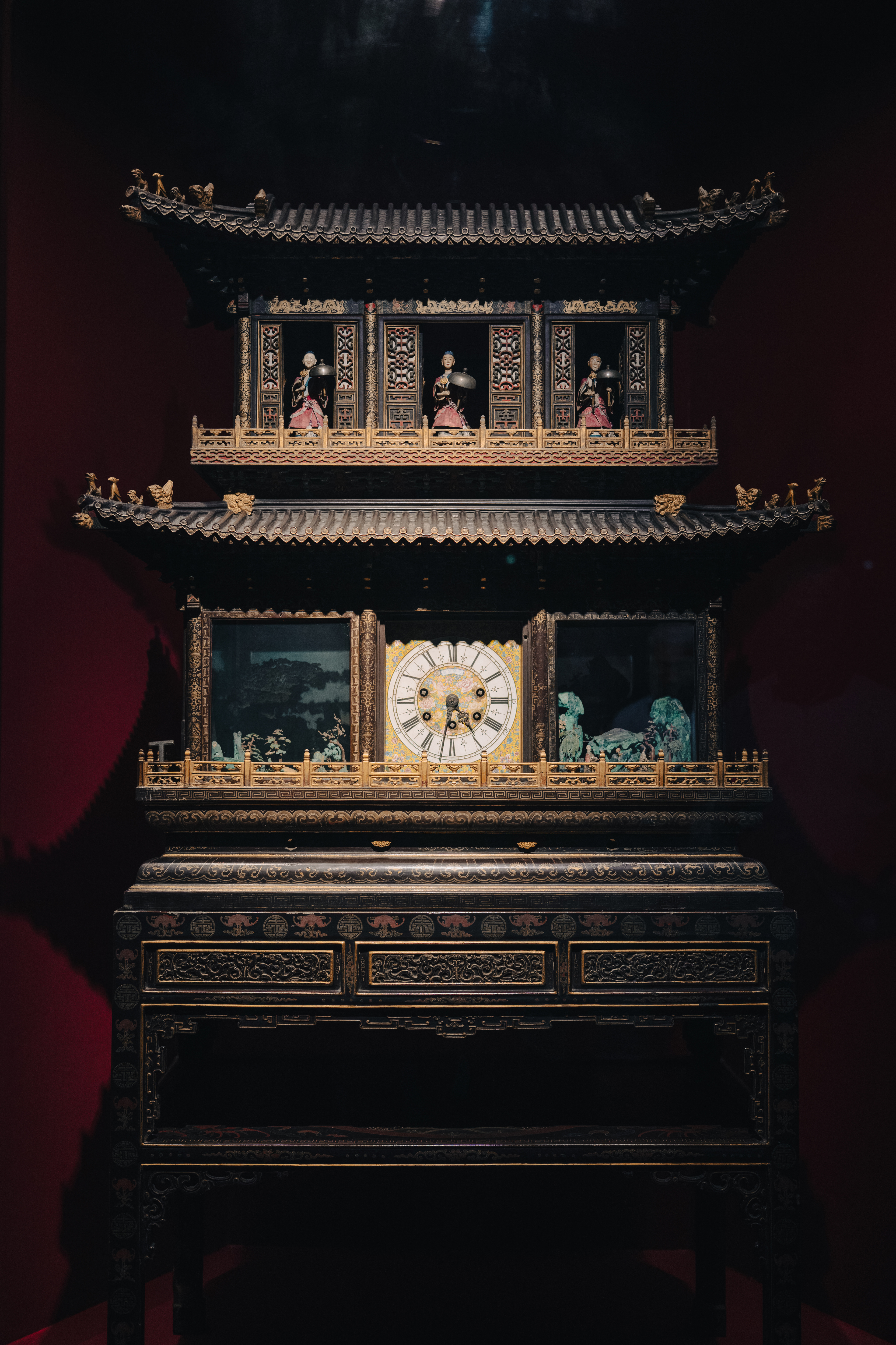 彩漆描金自开门群仙祝寿楼阁式钟