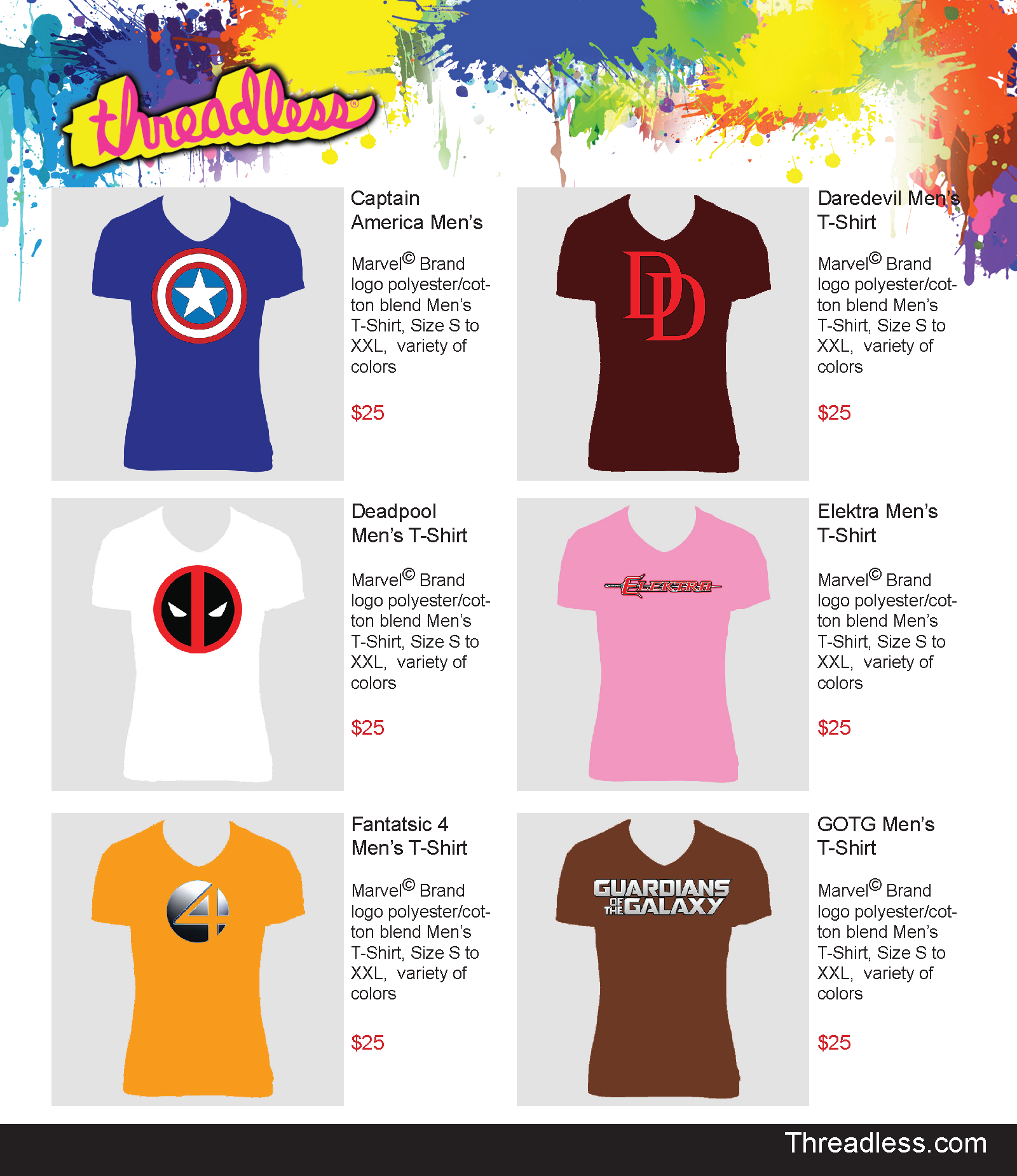 Mock Clothing Website Design. Created a mock website from the ground up using website using Adobe XD, Photoshop and HTML coding software. For the website, I used Marvel branded clothing with a variety of color choices, sizes and styles. 2018