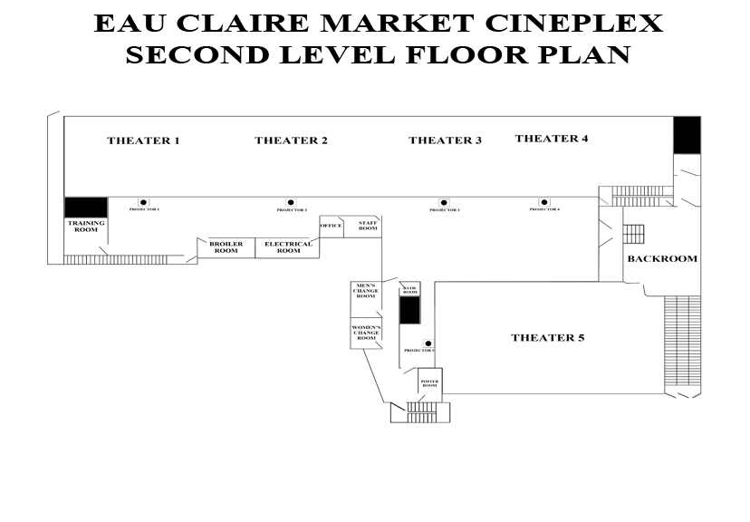 Eau Claire Market Cineplex Evacuation Plan. I was hired to create a new Floor Plan for the Eau Claire Cineplex to use for evacuations and for the Fire Department use. The digital floorplans were implemented in use as of 2014.