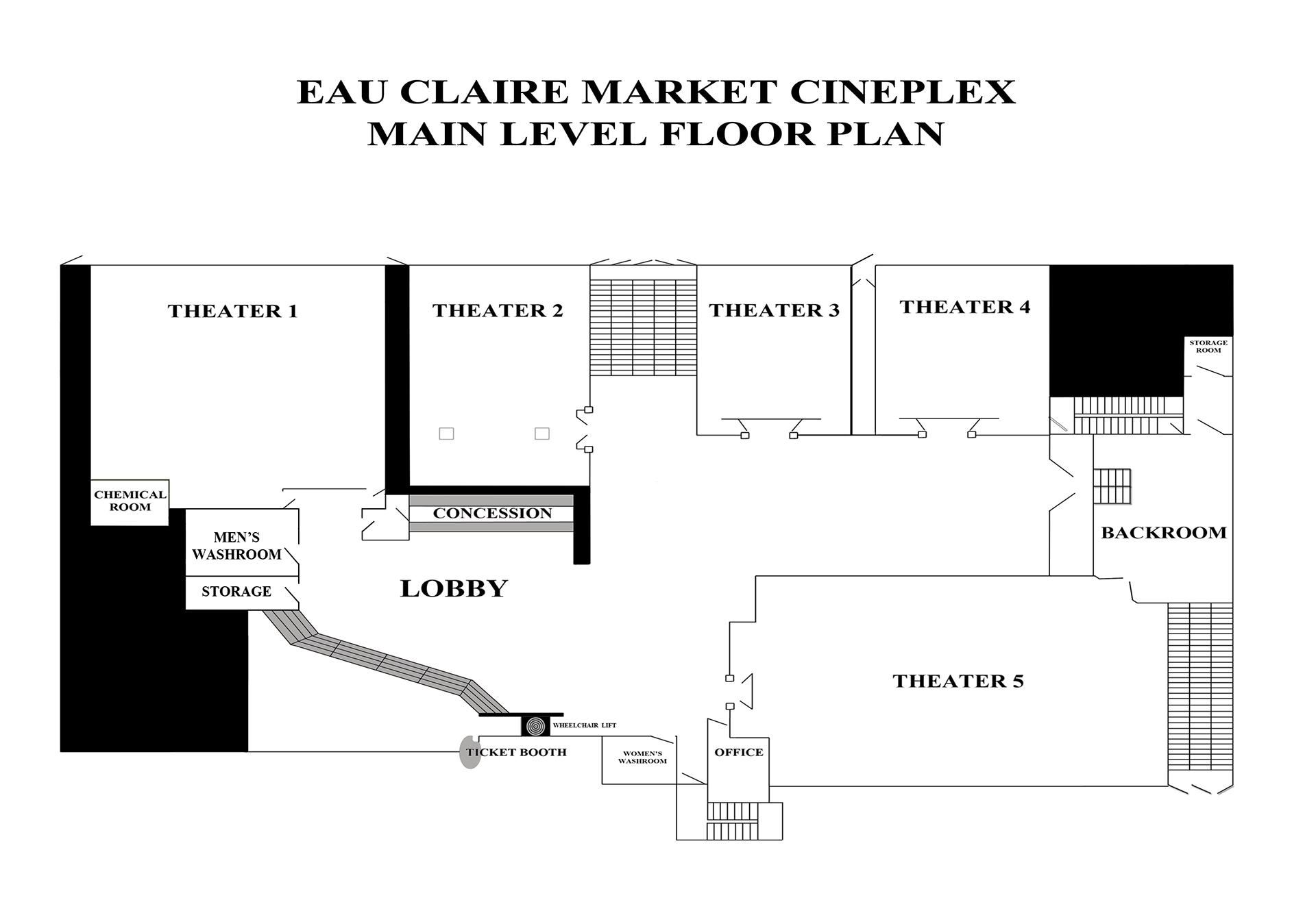 Eau Claire Market Cineplex Evacuation Plan. I was hired to create a new Floor Plan for the Eau Claire Cineplex to use for evacuations and for the Fire Department use. The digital floorplans were implemented in use as of 2014.