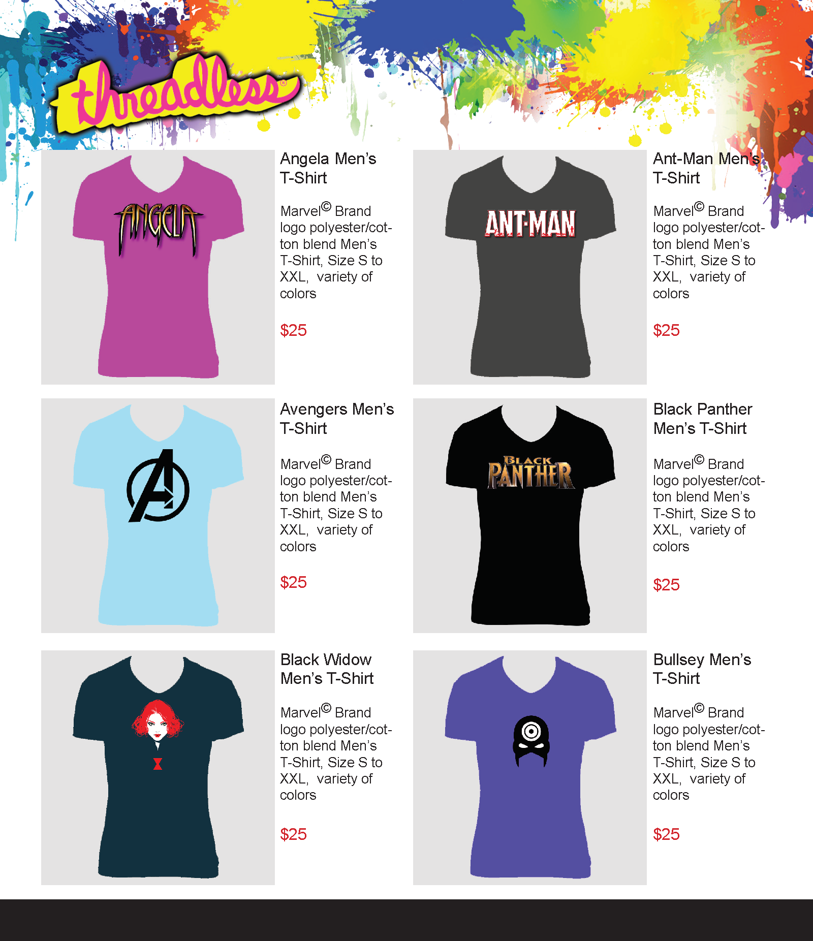Mock Clothing Website Design. Created a mock website from the ground up using website using Adobe XD, Photoshop and HTML coding software. For the website, I used Marvel branded clothing with a variety of color choices, sizes and styles. 2018