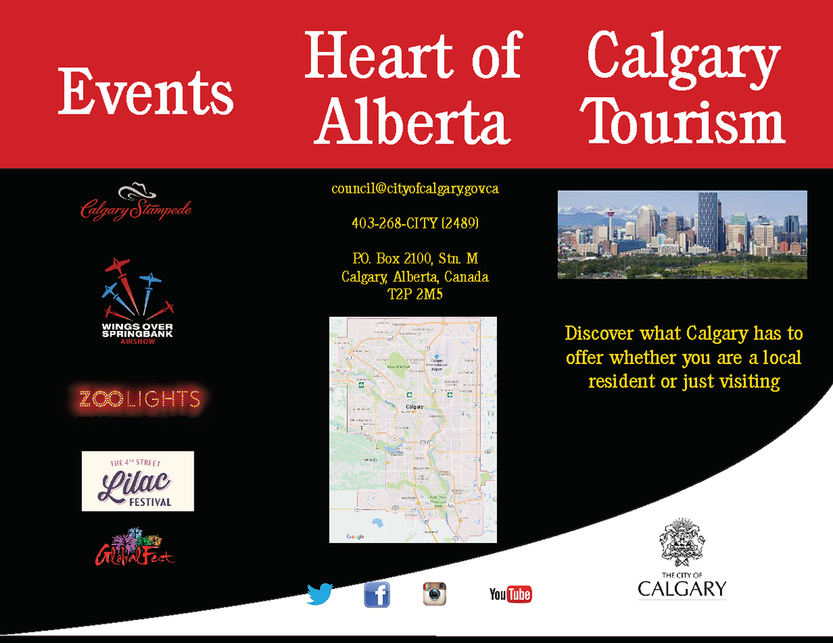 Mock Tourist Brochure for the City of Calgary. Digitally created mock brochure for the City of Calgary highlighting some major city hotspots, events, history and contact details. 2017