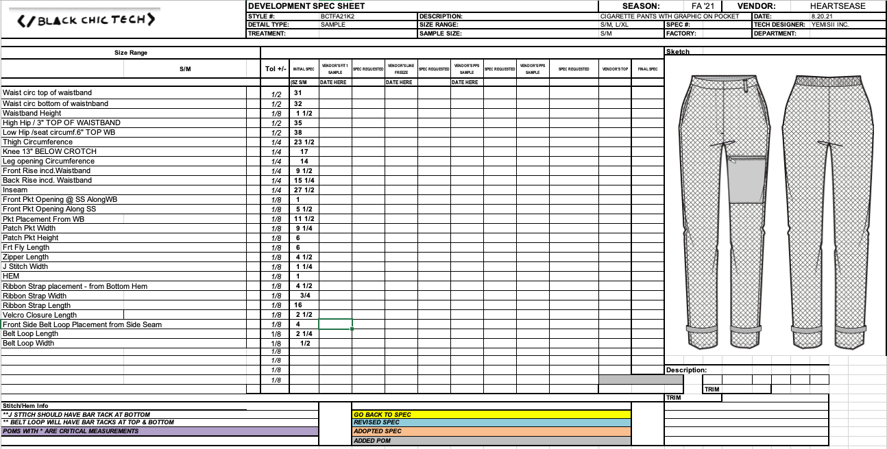 Tech pack Excerpt - Initial Specs provided for costing & development