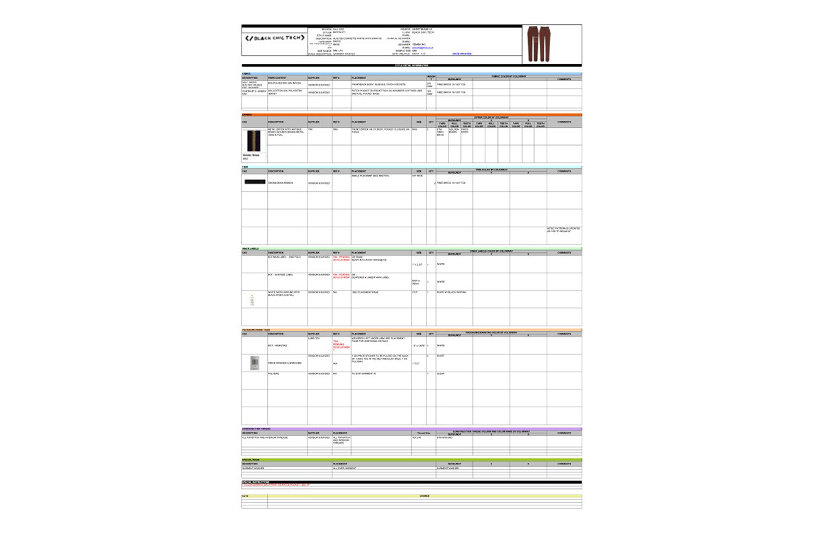 Tech Pack excerpt - Bill of Materials