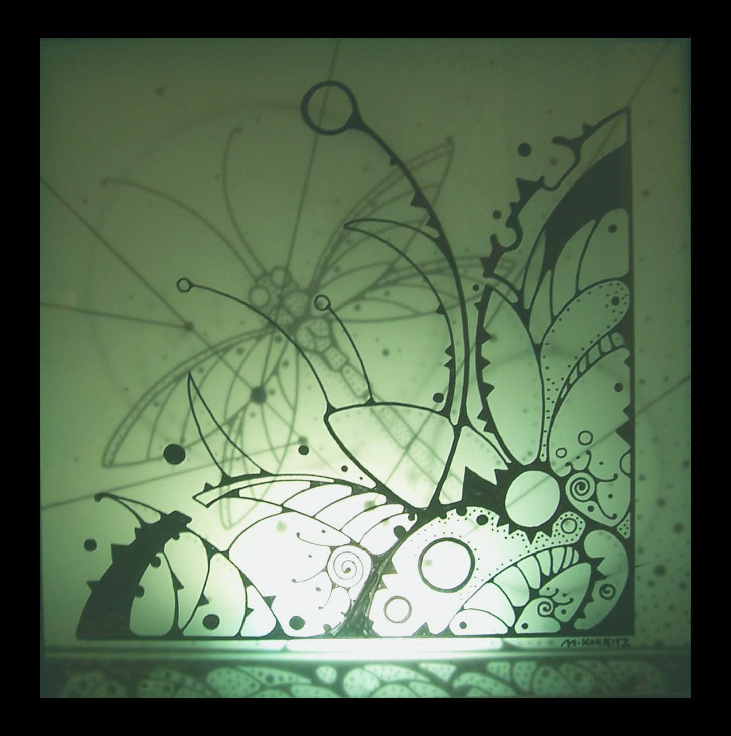 Multi-layered pen and ink on glass