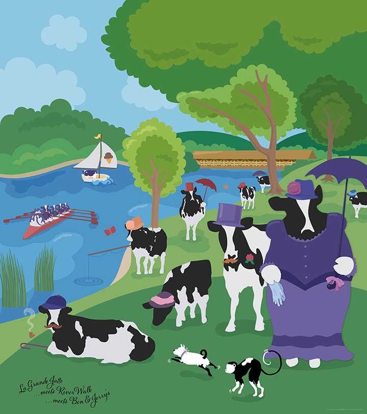 An artist's tribute to Georges Seurat's "La Grande Jatte", in a suburban Chicago scoop shop, which is located near a park reminiscent of the scene. The real painting is in the Art Institute of Chicago, a few miles away.