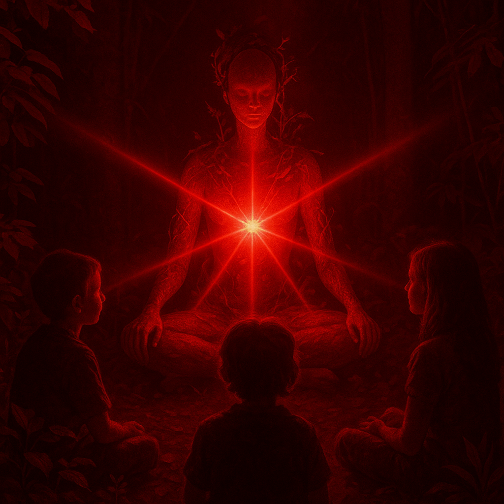 um ambiente escuro, banhado em luz vermelha, com uma figura escultural no centro irradiando feixes de luz,
