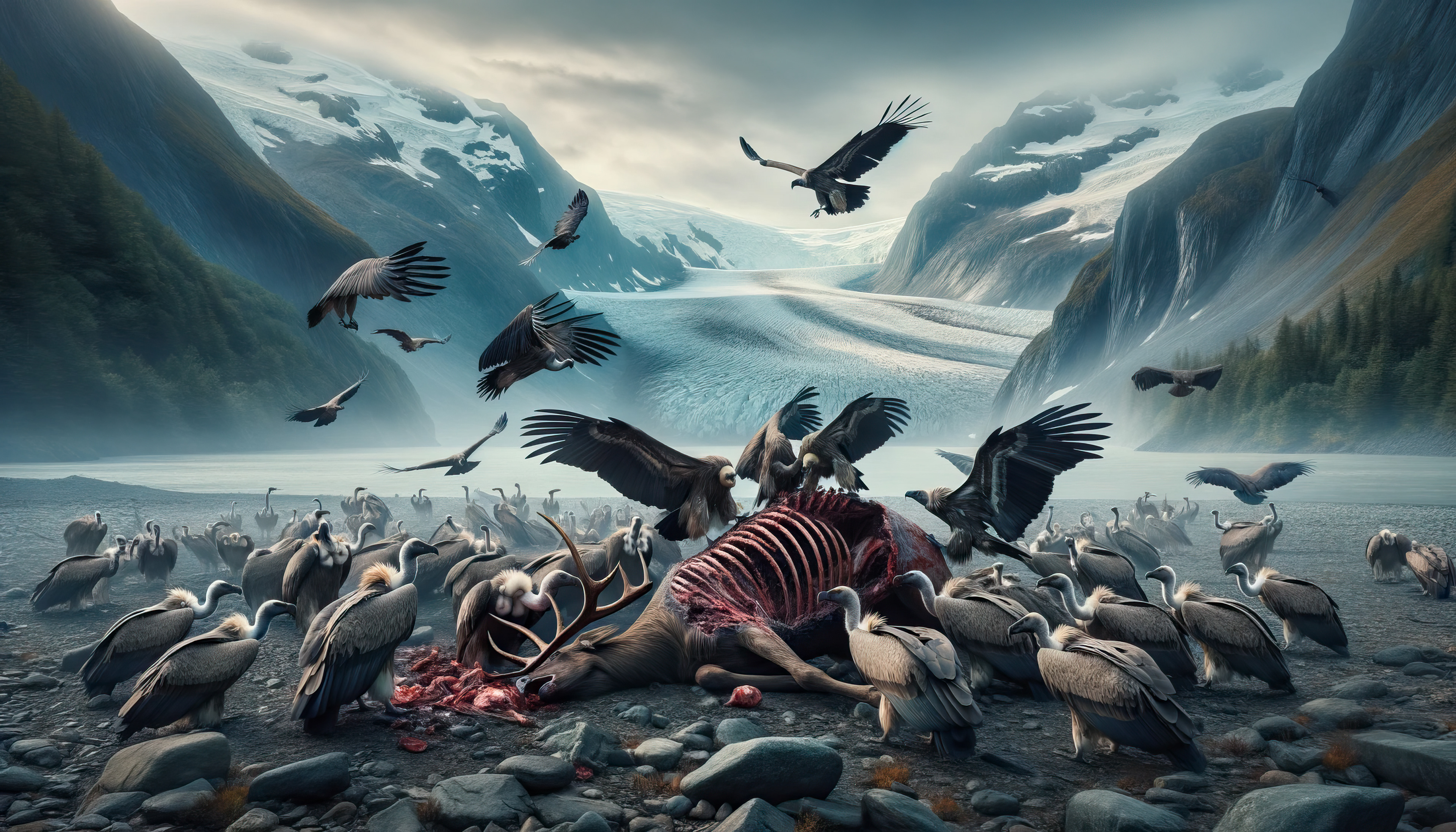 Buitres carroñeros descendiendo sobre los restos del ciervo, ilustrando el ciclo de la naturaleza y el papel de los carroñeros en los ecosistemas prehistóricos.