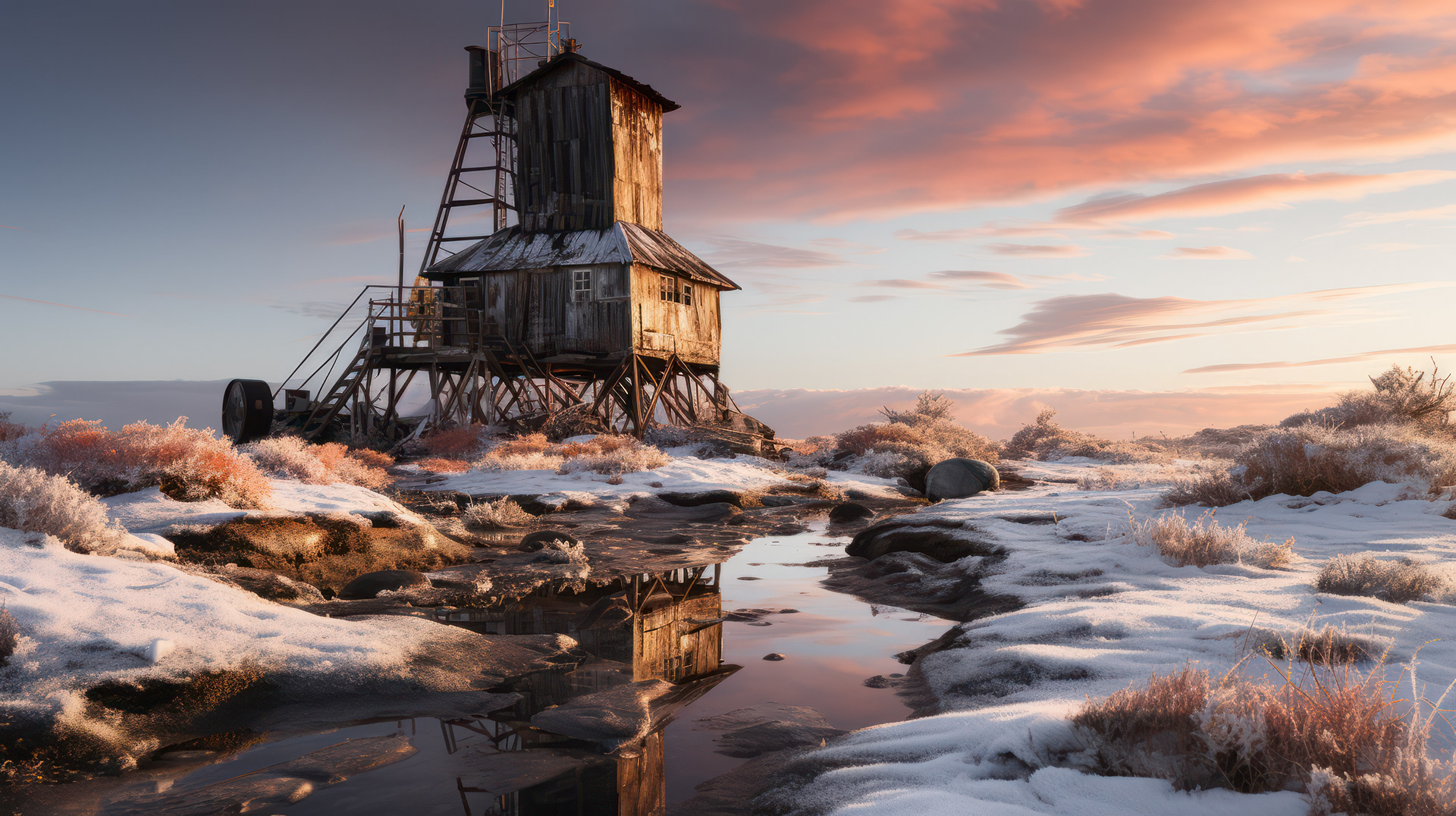 A panoramic shot capturing the stark contrast between the untouched beauty of the Antarctic landscape and the remnants of human habitation.