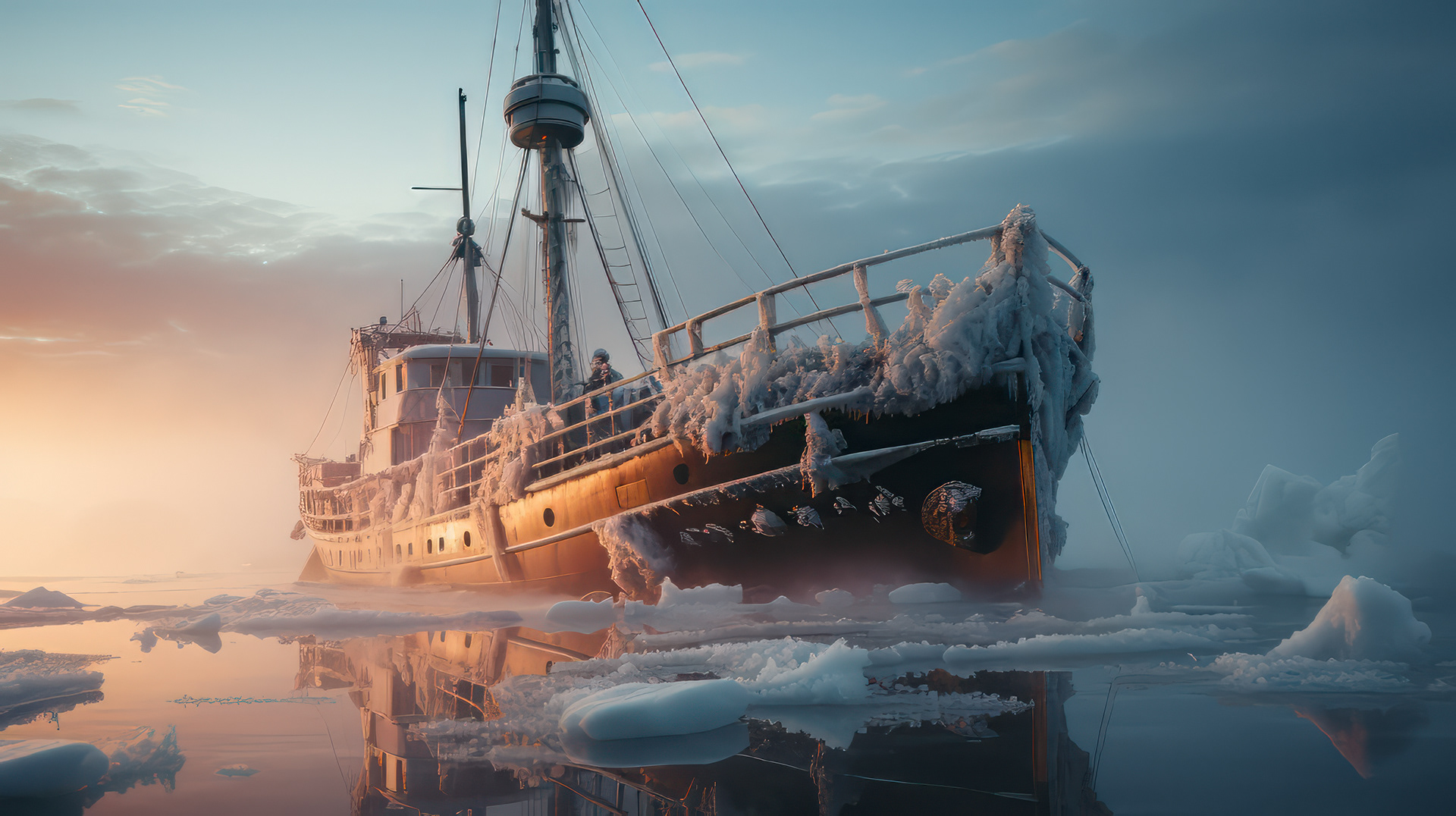 La inquietante imagen de un barco abandonado, con las velas hechas jirones, anclado en una bahía helada de la Antártida.