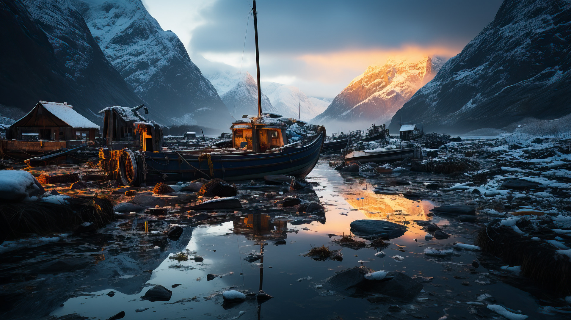 Los restos esqueléticos de un barco, que sobresalen de un glaciar, cuentan historias de viajes pasados.