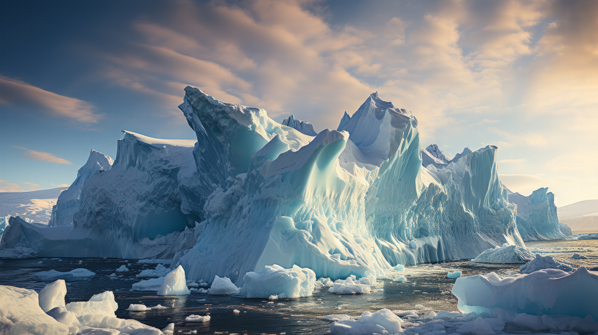 Gros plan sur des formations de glace complexes sur la côte, qui scintillent à la première lueur de l'aube en Antarctique.
