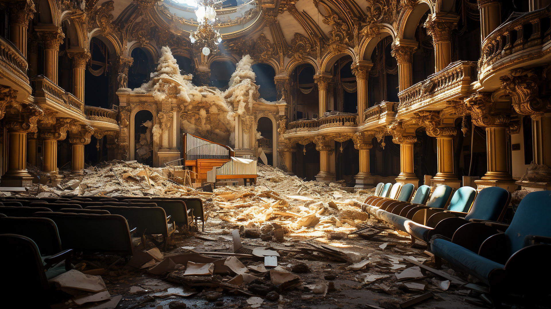 Vista de las ruinas interiores del Teatro de París, antaño cuna del arte y la cultura.
