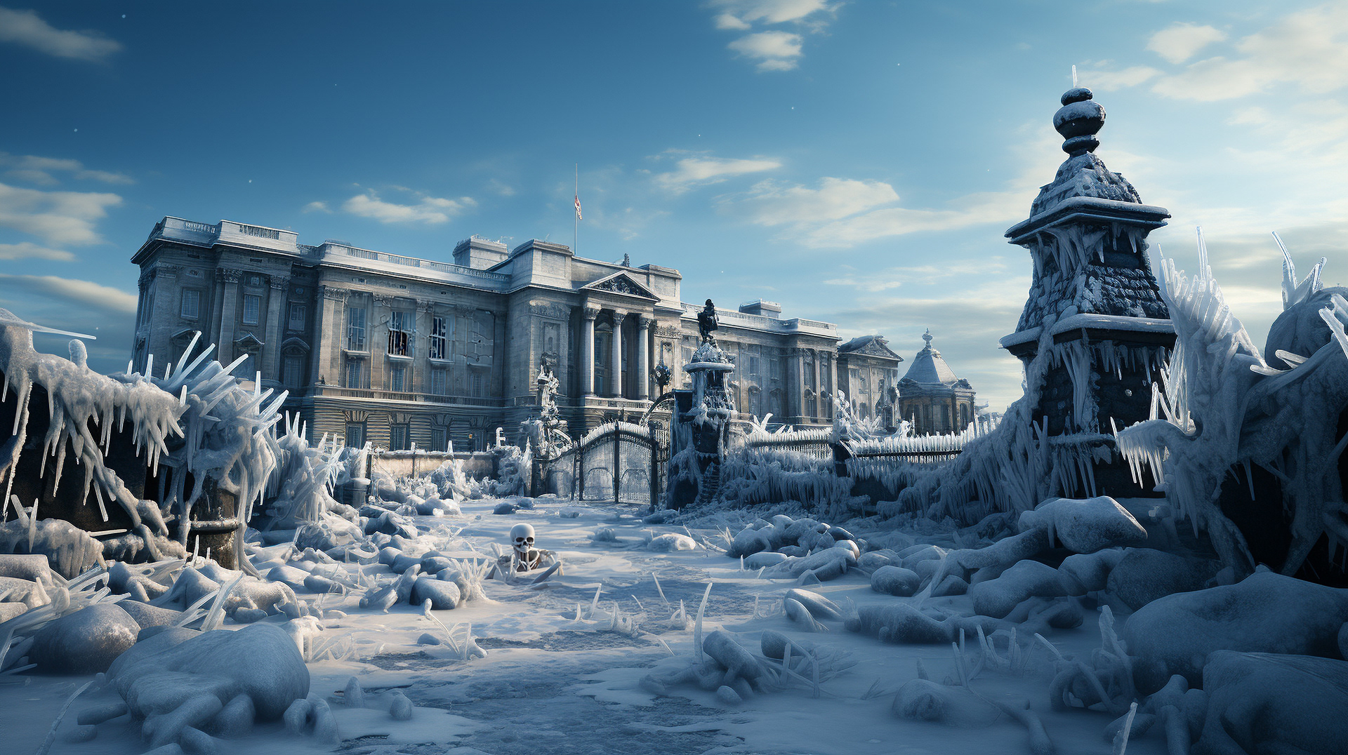 Buckingham Palace and Union Jack, standing tall amid devastation
