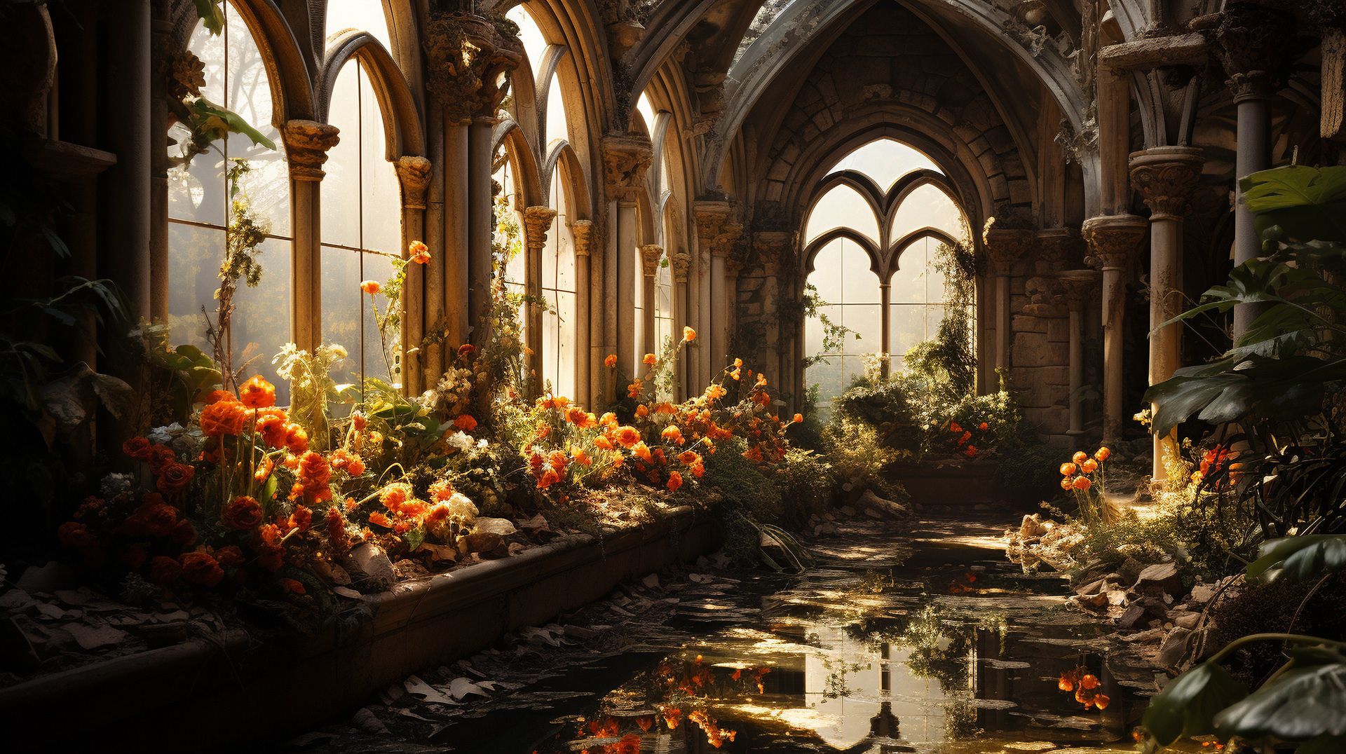Red flowers flourishing in buildings where art and culture once thrived.