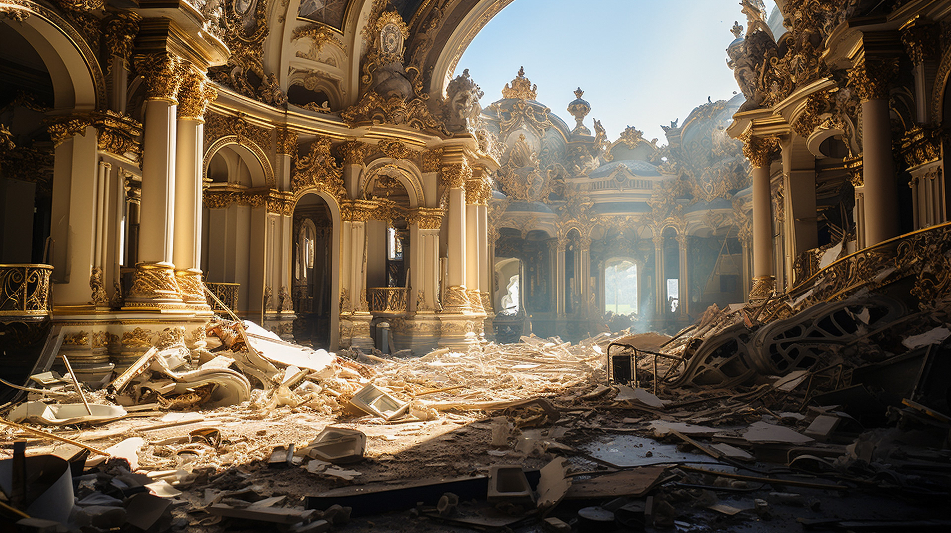 The interior of a Parisian museum shows the chaotic combination of art and destruction