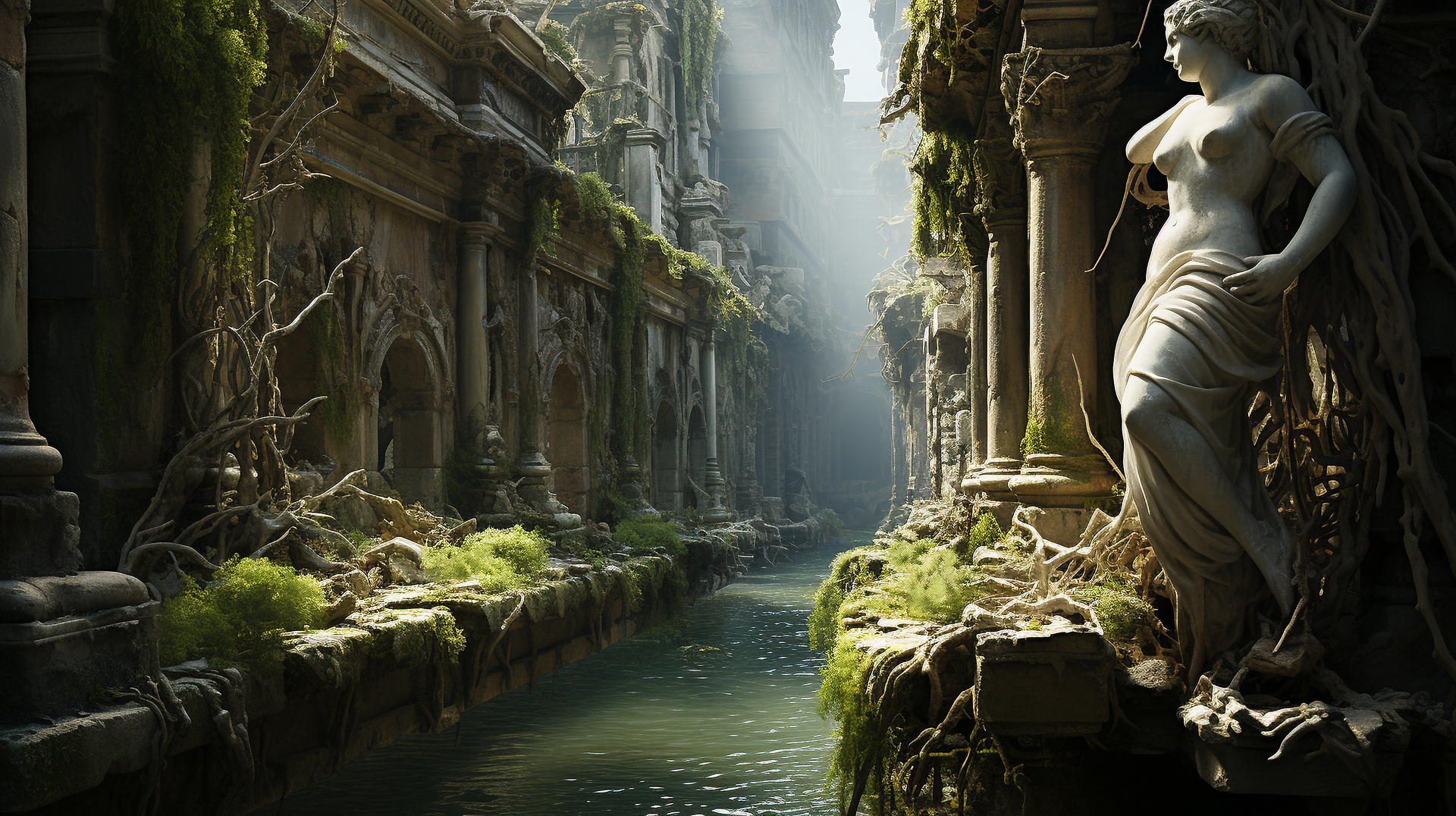 Venise. La nature reprend ses droits avec des plantes qui serpentent à travers les fenêtres brisées.