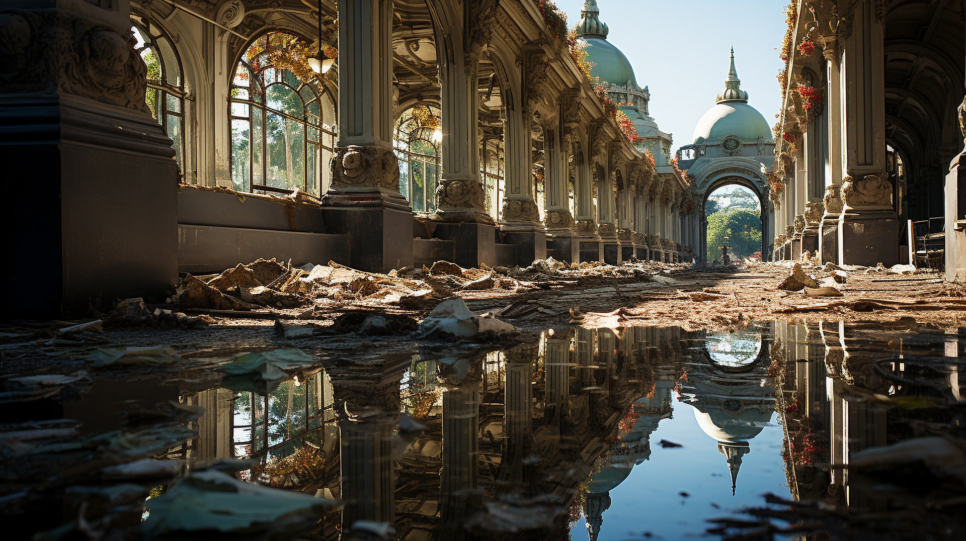 Artifacts scattered amid destruction in a Paris museum, a chaotic blend of history and ruin