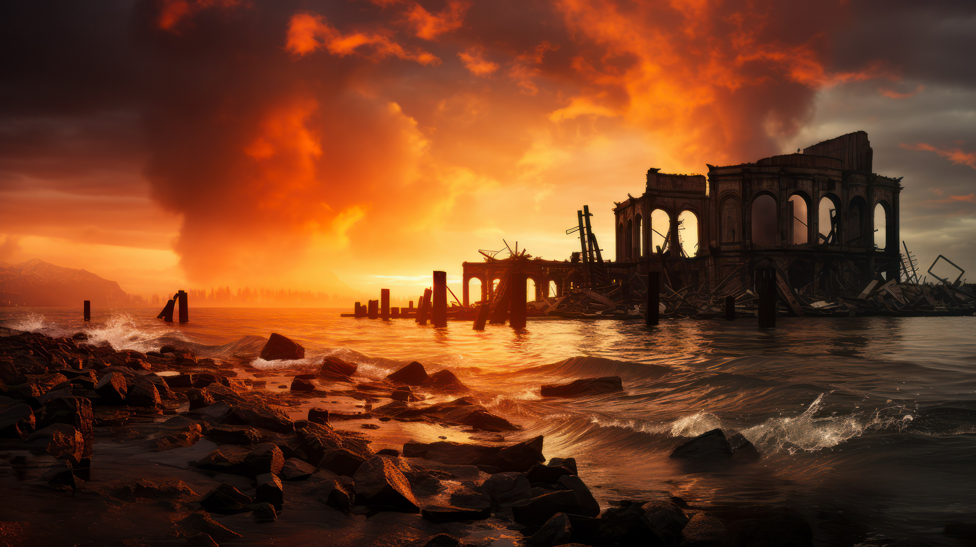 Restos carbonizados de edificios en pie como monumentos al amanecer.